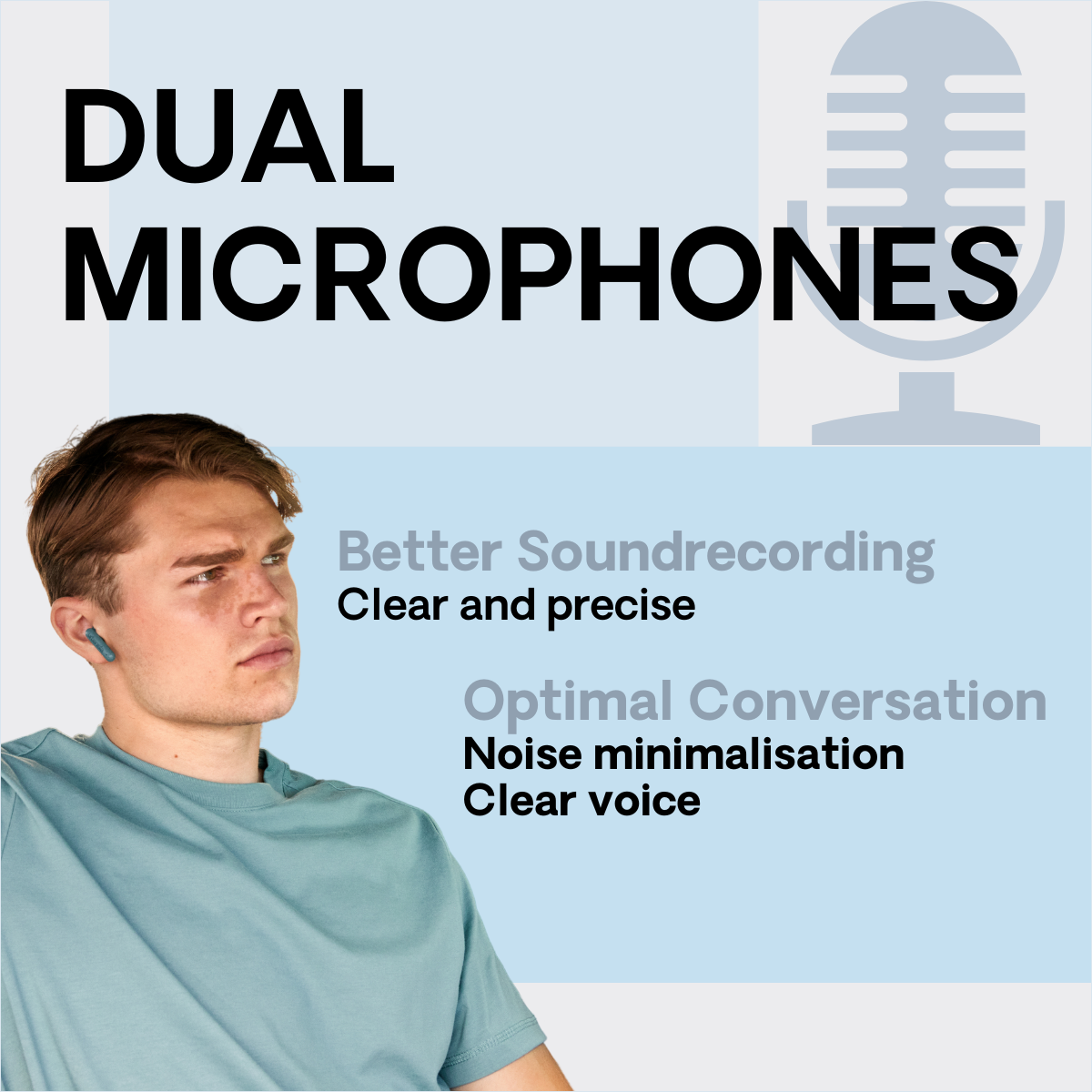 Mann mit Ohrhörern, Text über Dual-Mikrofone und klare Tonaufnahme.