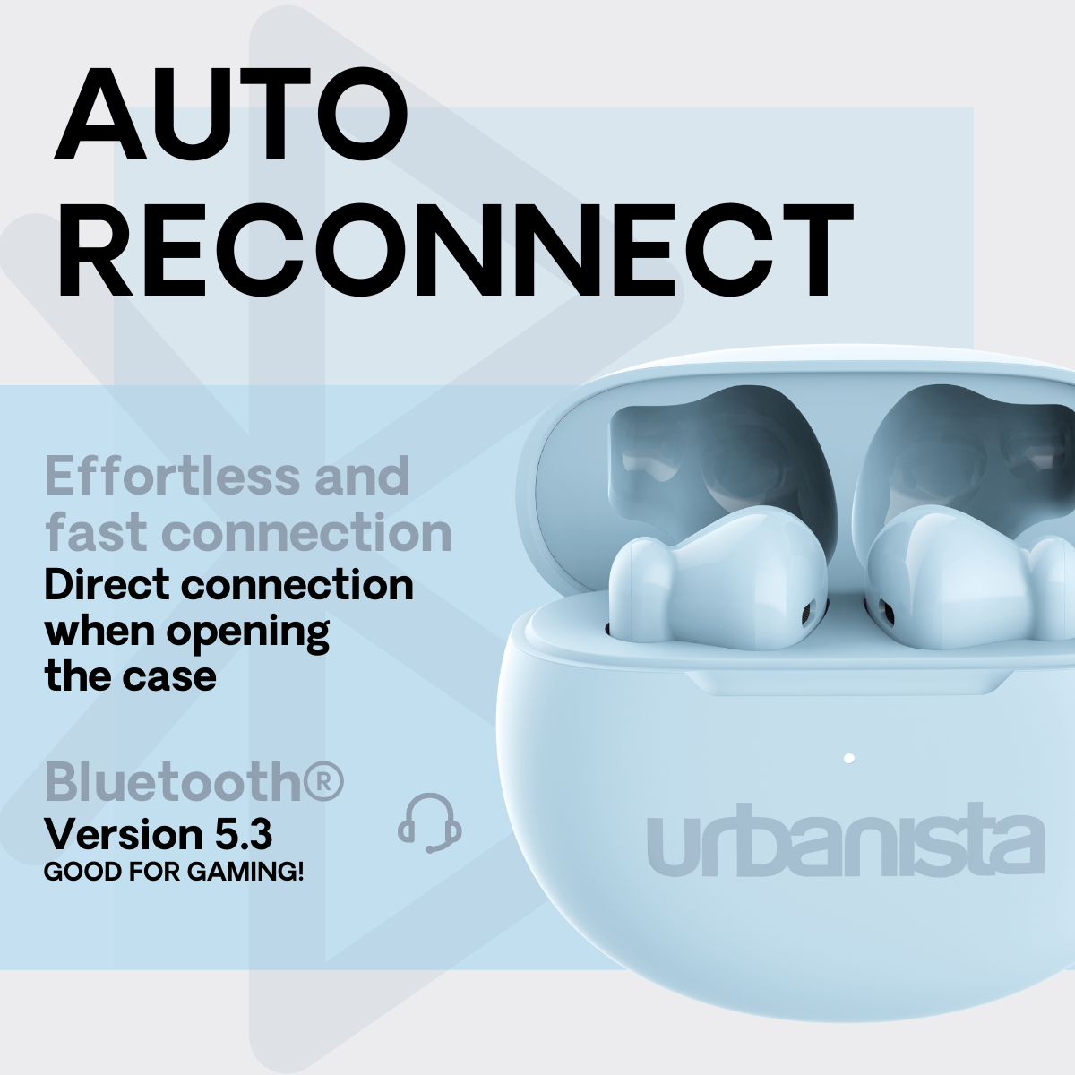 Blaue kabellose Ohrhörer in einem blauen Gehäuse. Text sagt automatische Wiederverbindung, Bluetooth 5.3.