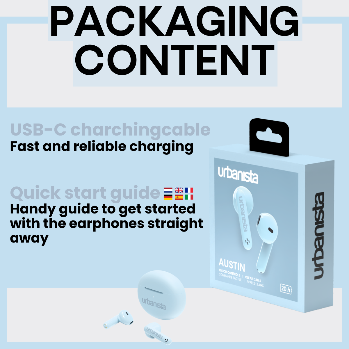Afbeelding toont een Urbanista productdoos en oortelefoons. Tekst bevat 'PACKAGING CONTENT', 'USB-C oplaadkabel', 'Quick start guide'.