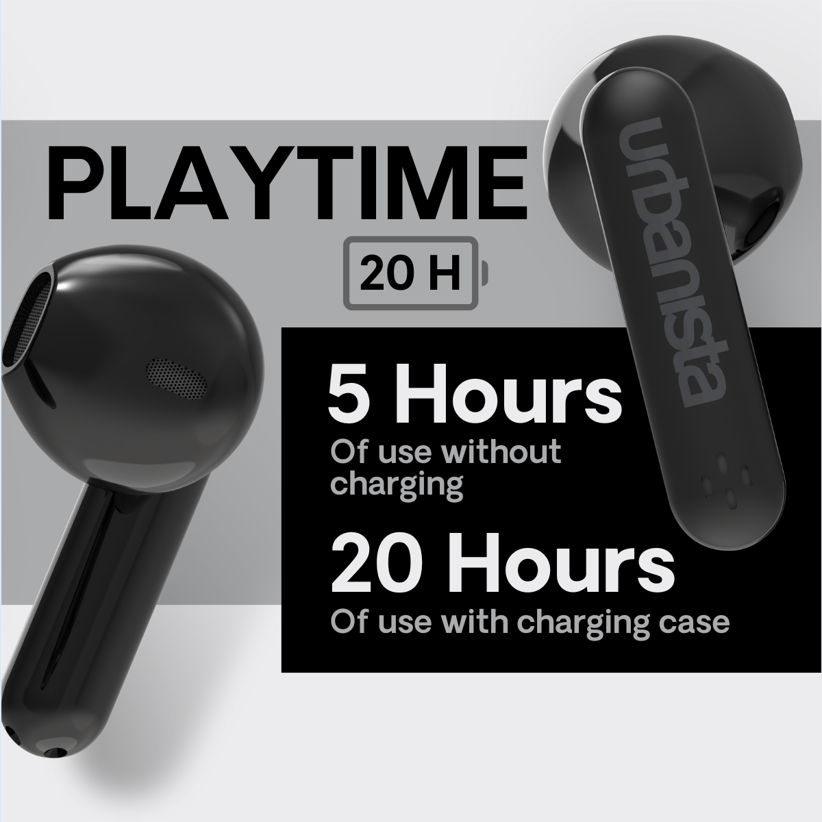 Czarne słuchawki z 'urbanista'. Czas odtwarzania 20H. 5 godzin bez ładowania.