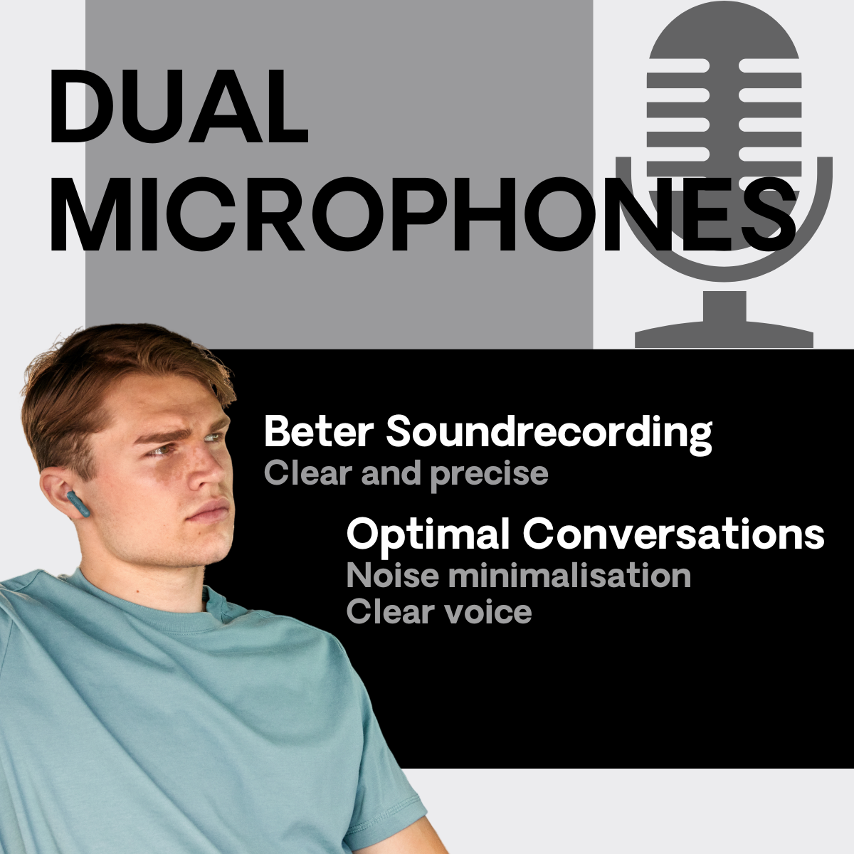 Mężczyzna ze słuchawkami, tekst o podwójnych mikrofonach i czystym nagrywaniu dźwięku.