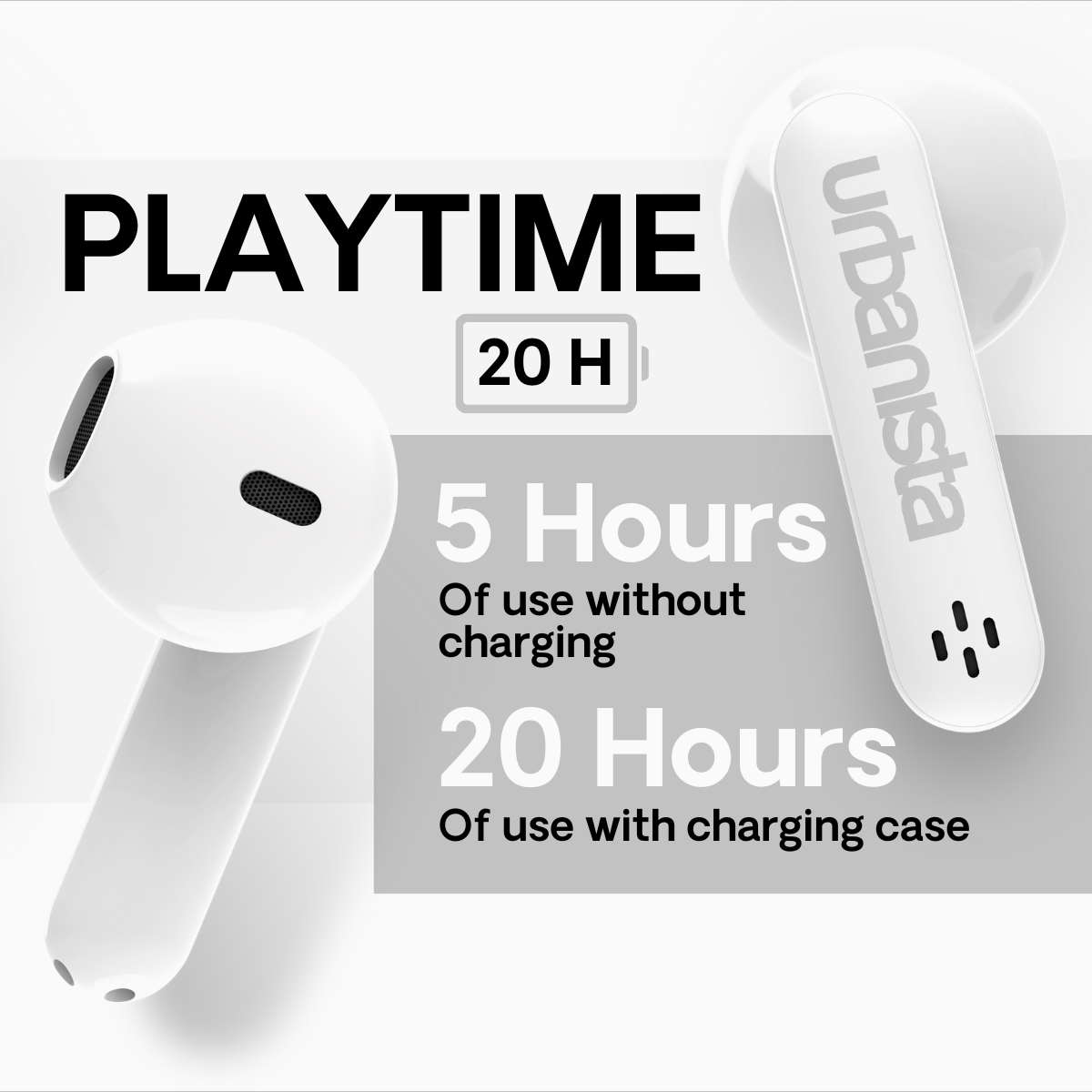 Białe słuchawki douszne z tekstem wskazującym 5 godzin użytkowania i 20 z etui.