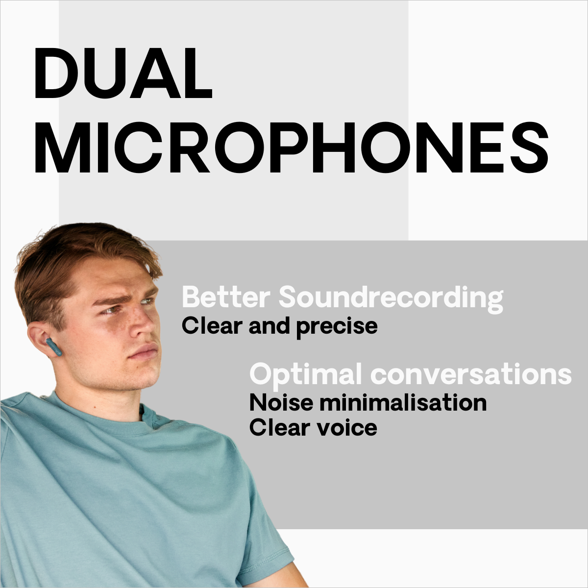Mężczyzna w niebieskich słuchawkach, tekst: Podwójne Mikrofony, Lepsze nagrywanie dźwięku, Jasne i precyzyjne, itp.