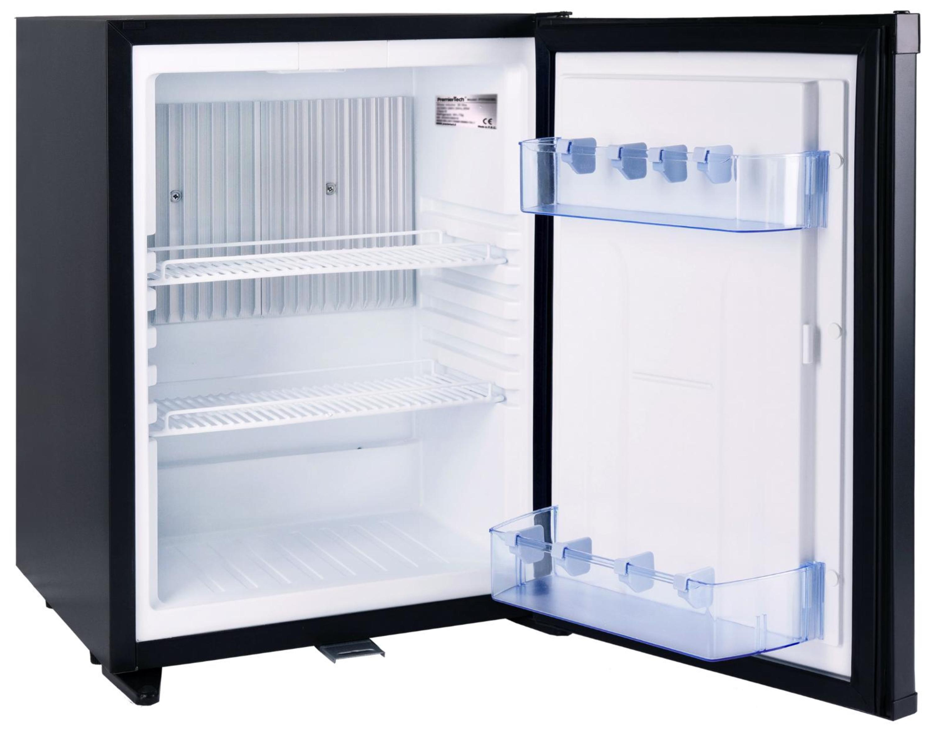 Frigorifero PremierTech nero con la porta aperta, che rivela ripiani e vani portaoggetti all'interno.
