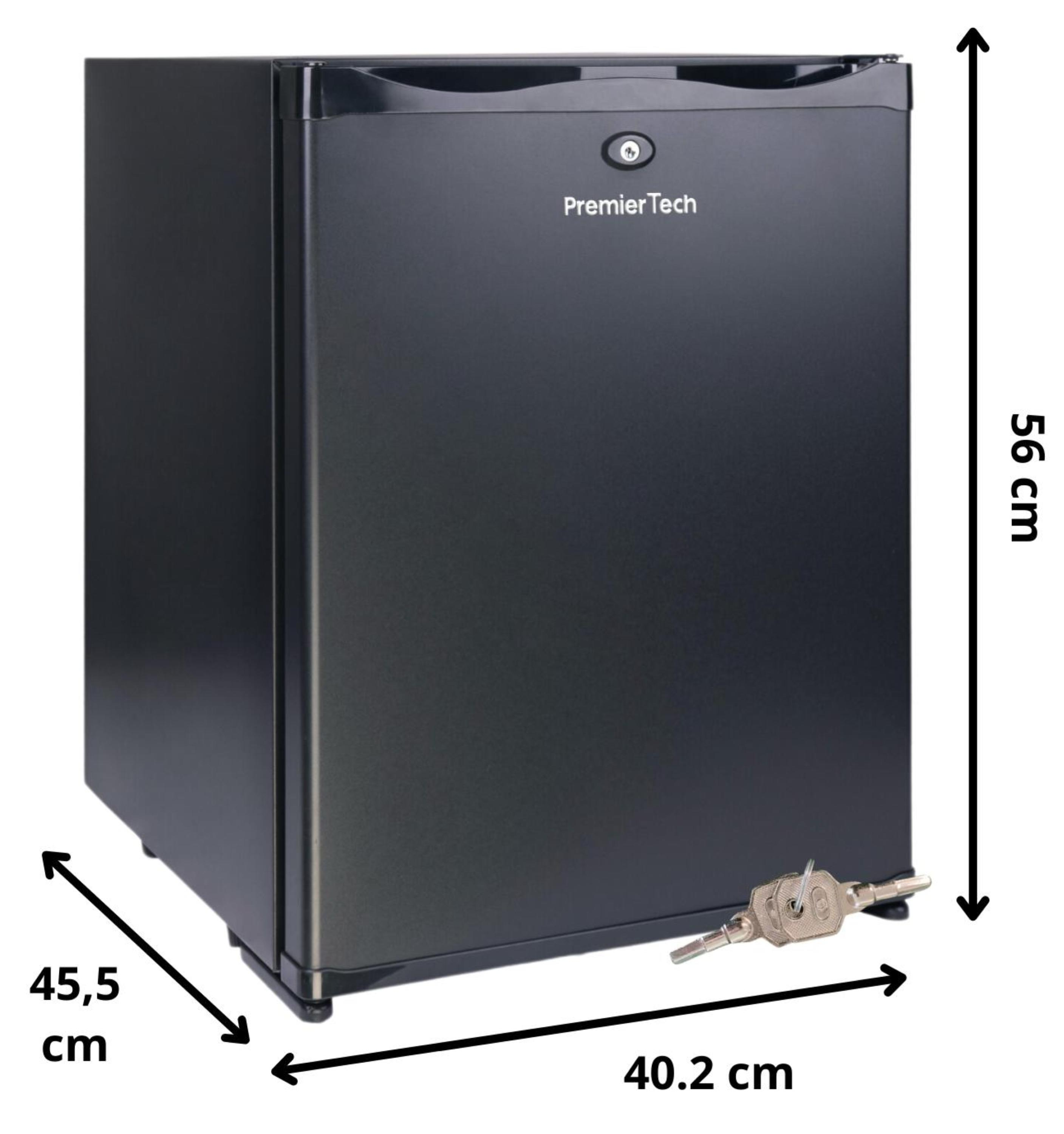 Mini-frigorifero nero. PremierTech sulla porta. Dimensioni: 45,5 x 40,2 x 56 cm. Chiave di fronte.