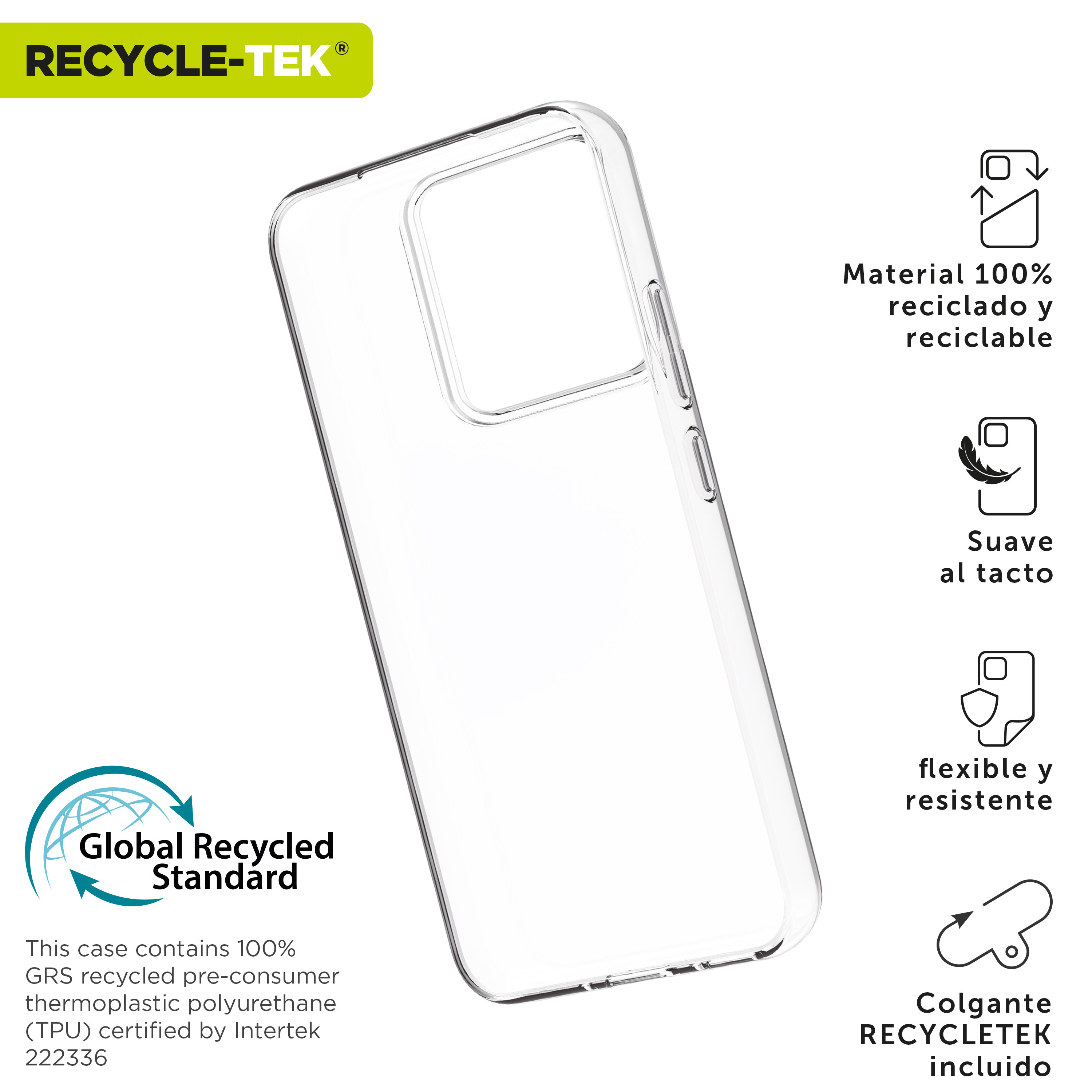 Funda de teléfono transparente con texto sobre reciclaje y respeto al medio ambiente.