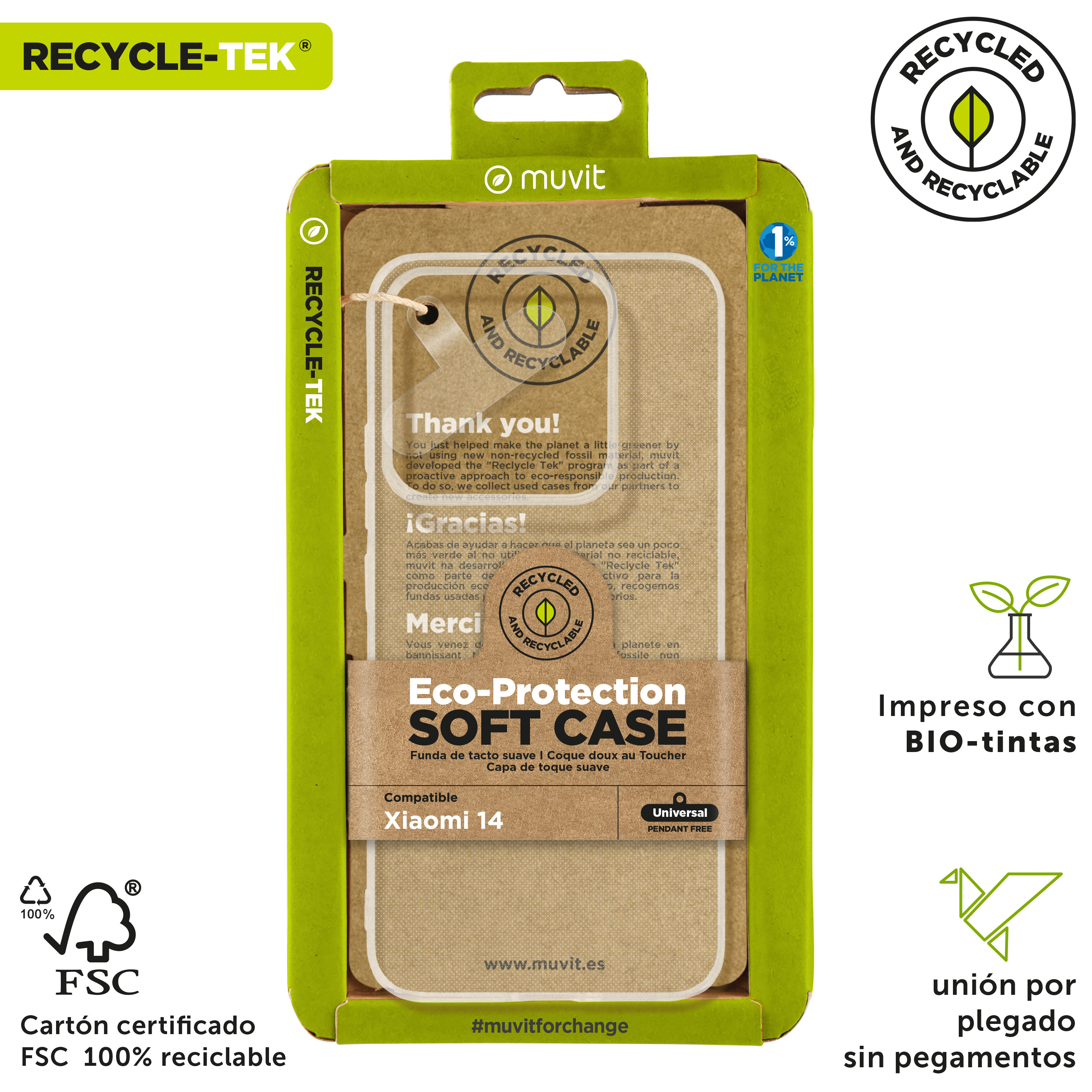 Empaque de funda de teléfono verde y marrón con texto y logotipos. Dice: 'Eco-Protection Soft Case'.