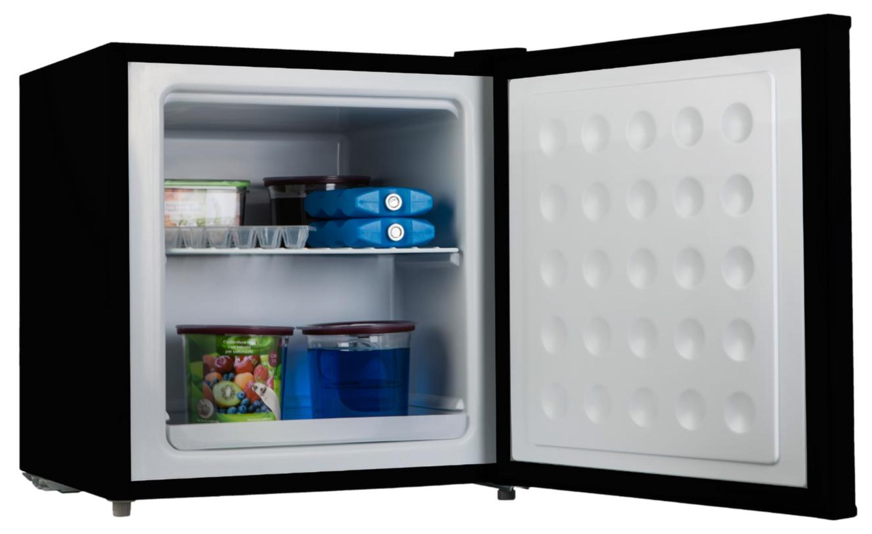 Mini-frigo nero con porta aperta, mostra ripiani e contenuto.
