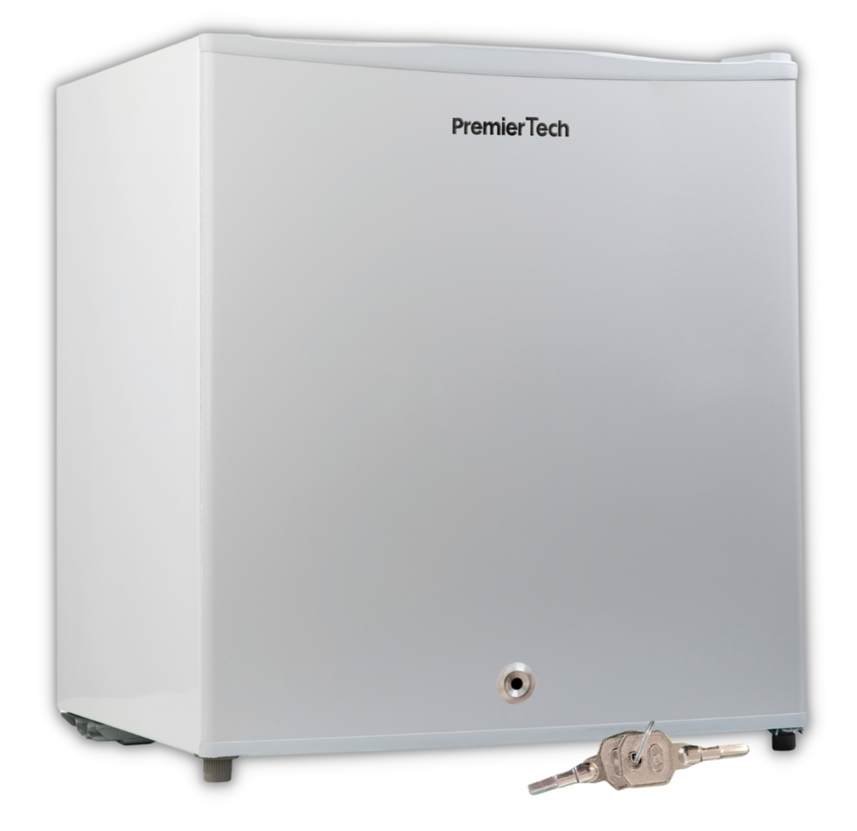 Frigorifero PremierTech bianco. Chiave davanti. La porta ha una serratura. Il frigorifero è chiuso.