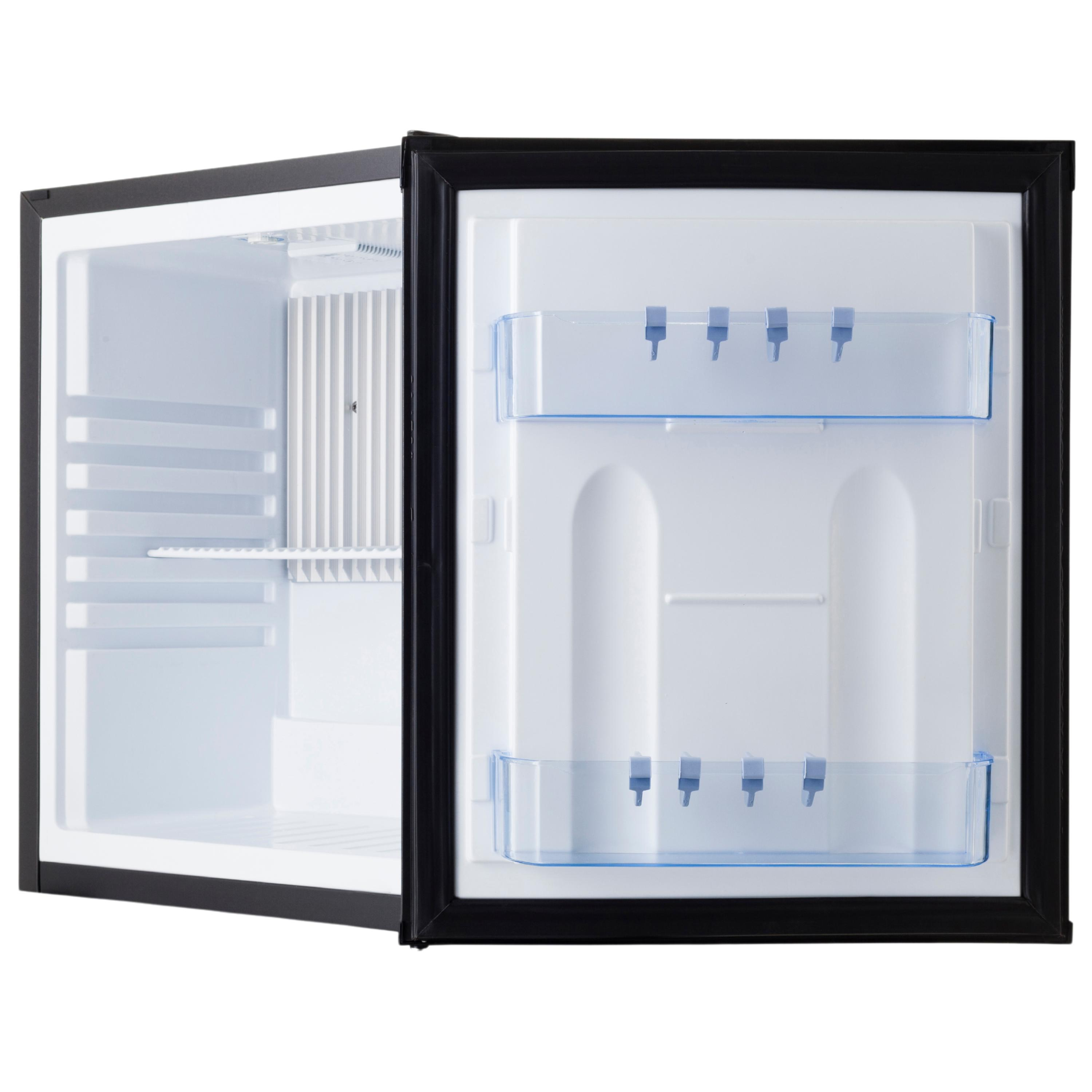 Mini frigo aperto, che mostra l'interno con ripiani e ripiani blu della porta. Sfondo bianco.