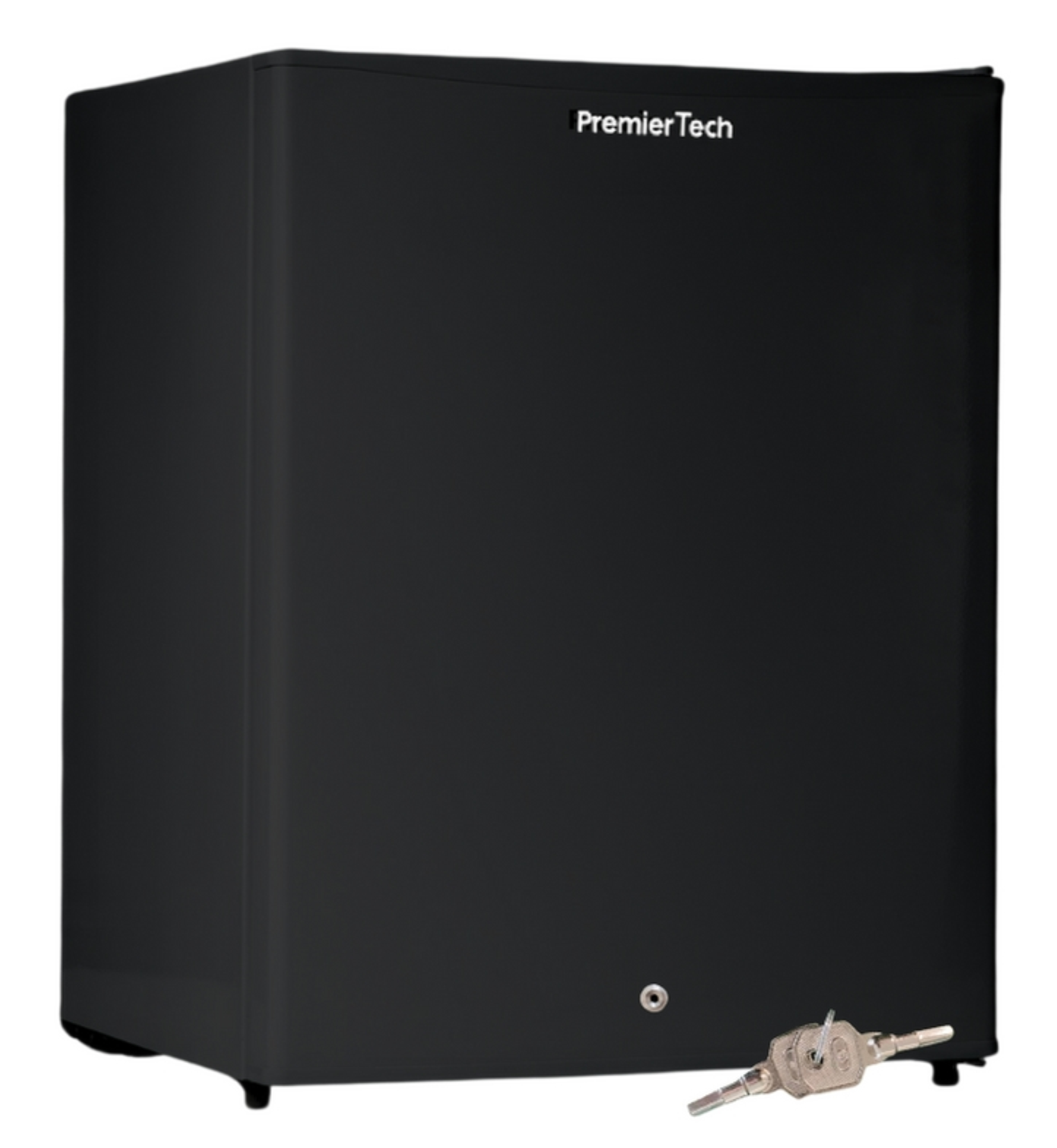 Mini-frigo nero Premier Tech, chiave. Il frigo ha una porta e il logo Premier Tech.