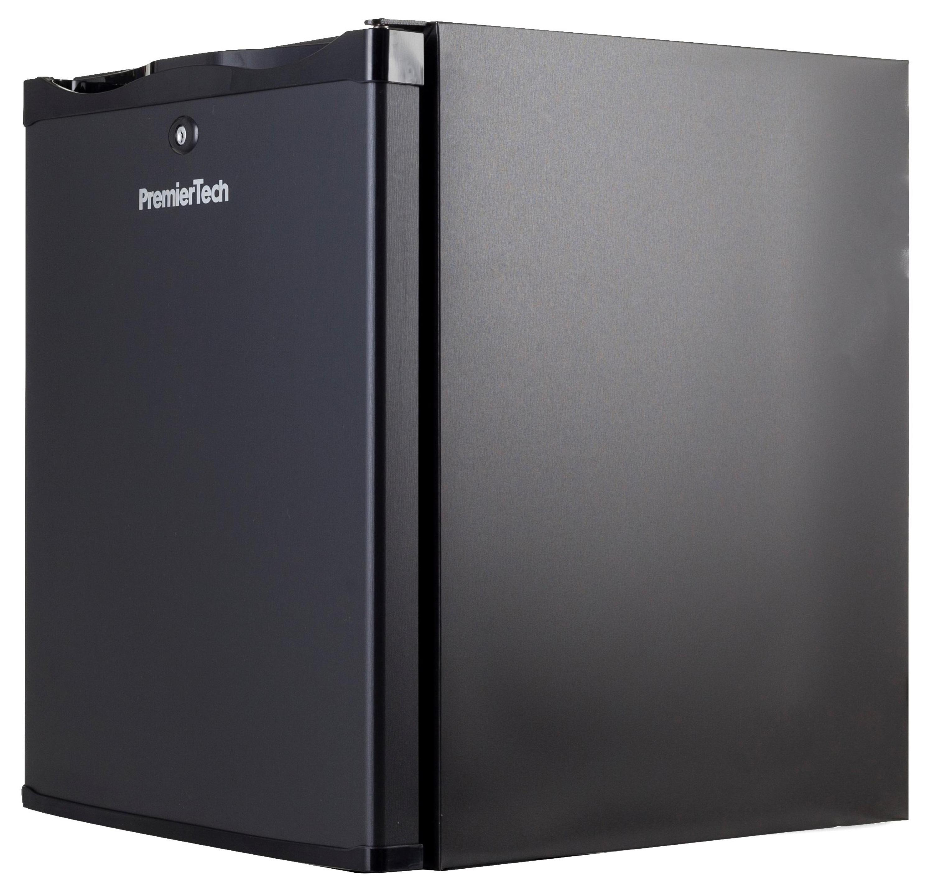 Mini-frigo nero PremierTech. Porta socchiusa. Maniglia e serratura argentate visibili.
