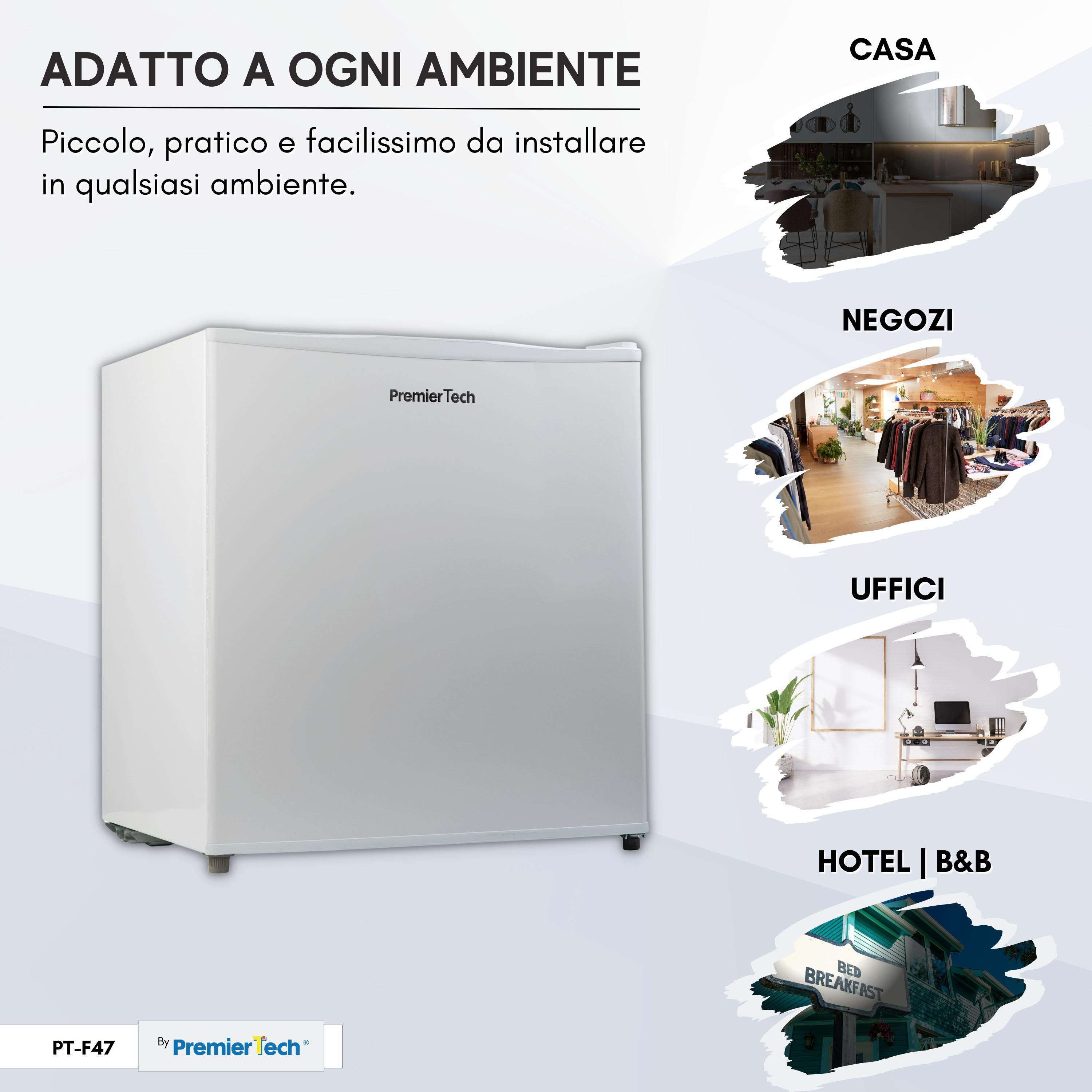 Mini-frigo bianco Premier Tech. Testo e icone mostrano che è adatto a vari ambienti.