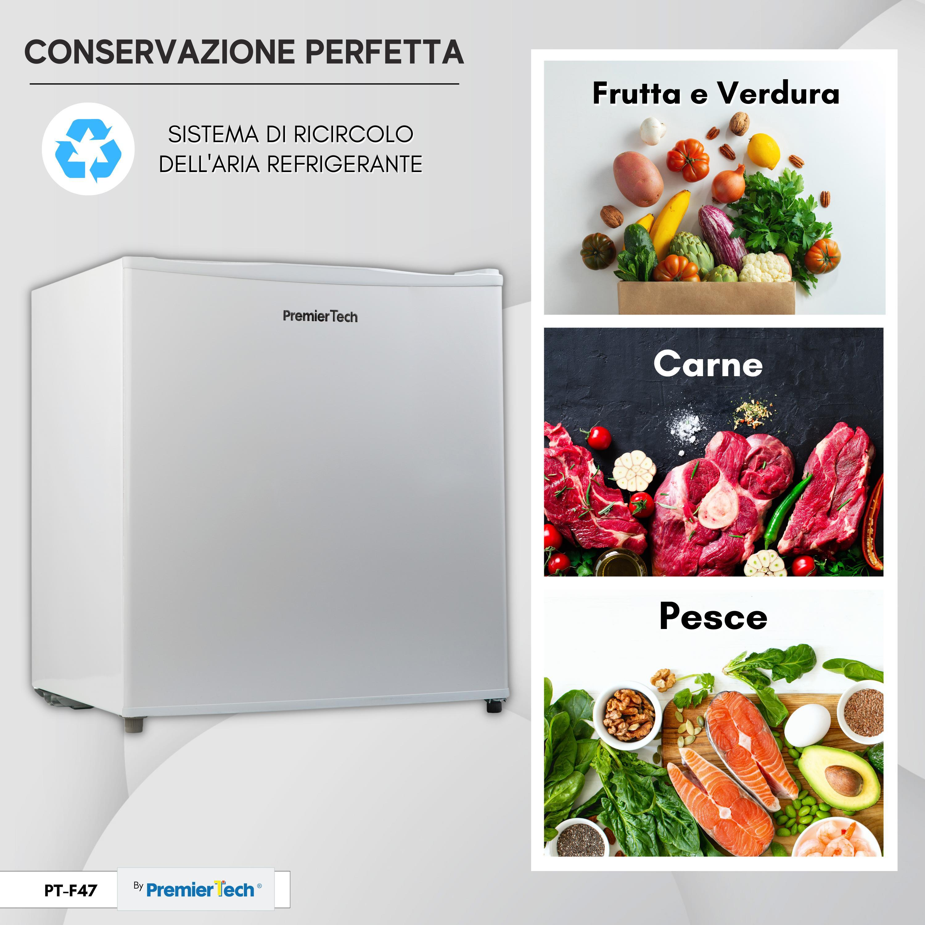 Mini-frigo bianco Premier Tech. Icone di frutta, carne e pesce, che mostrano la conservazione.