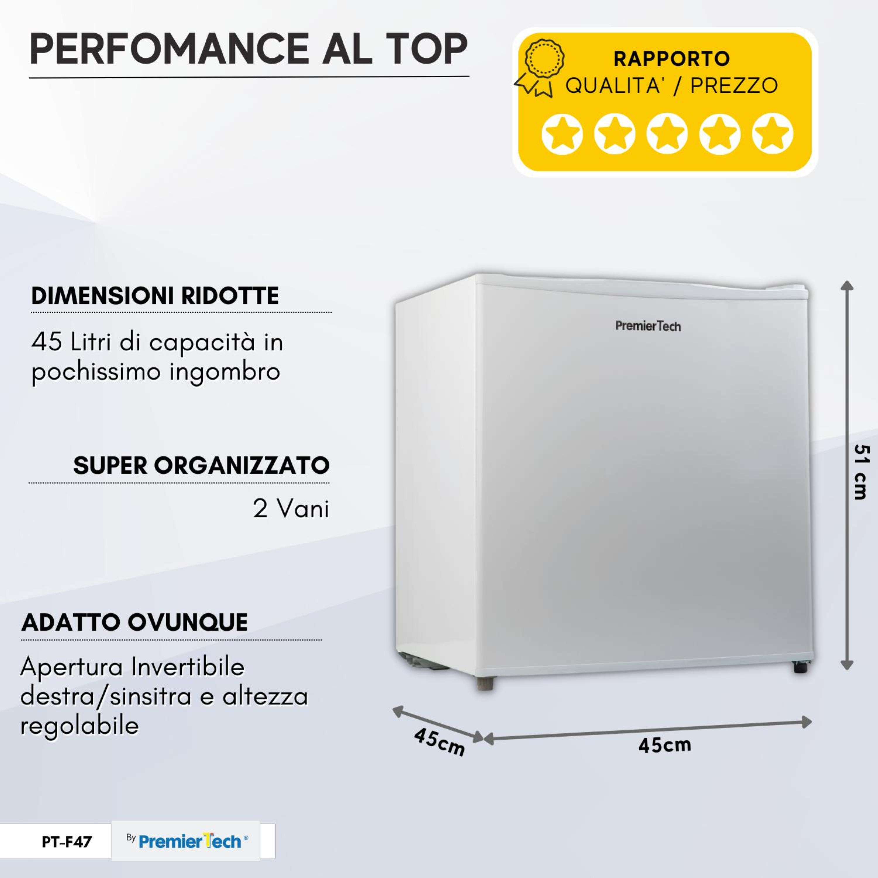 Mini-frigo bianco, marchio Premier Tech, con dimensioni e rapporto qualità/prezzo.