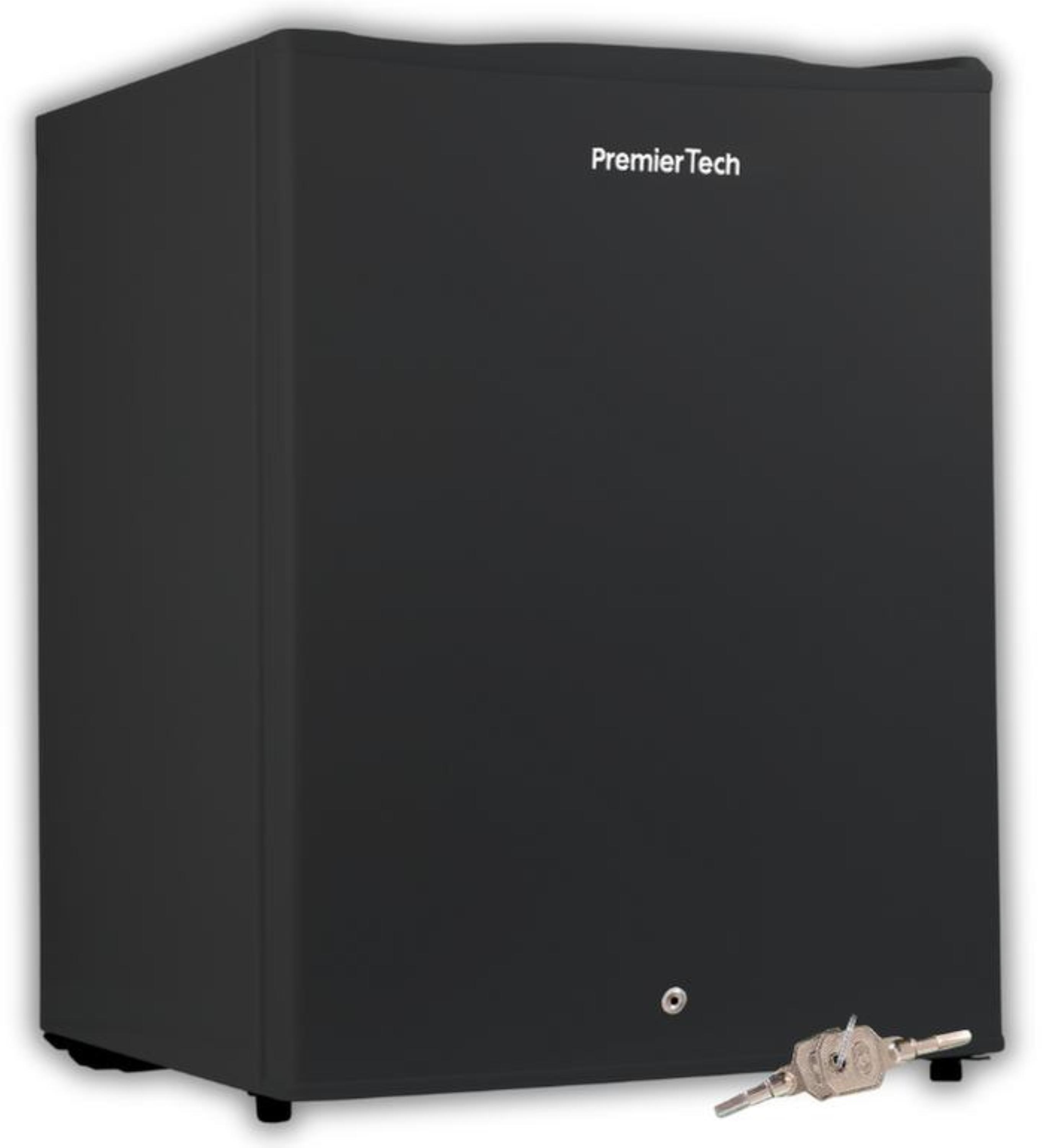 Mini-frigo nero con logo Premier Tech. Una chiave visibile nell'angolo in basso a destra.