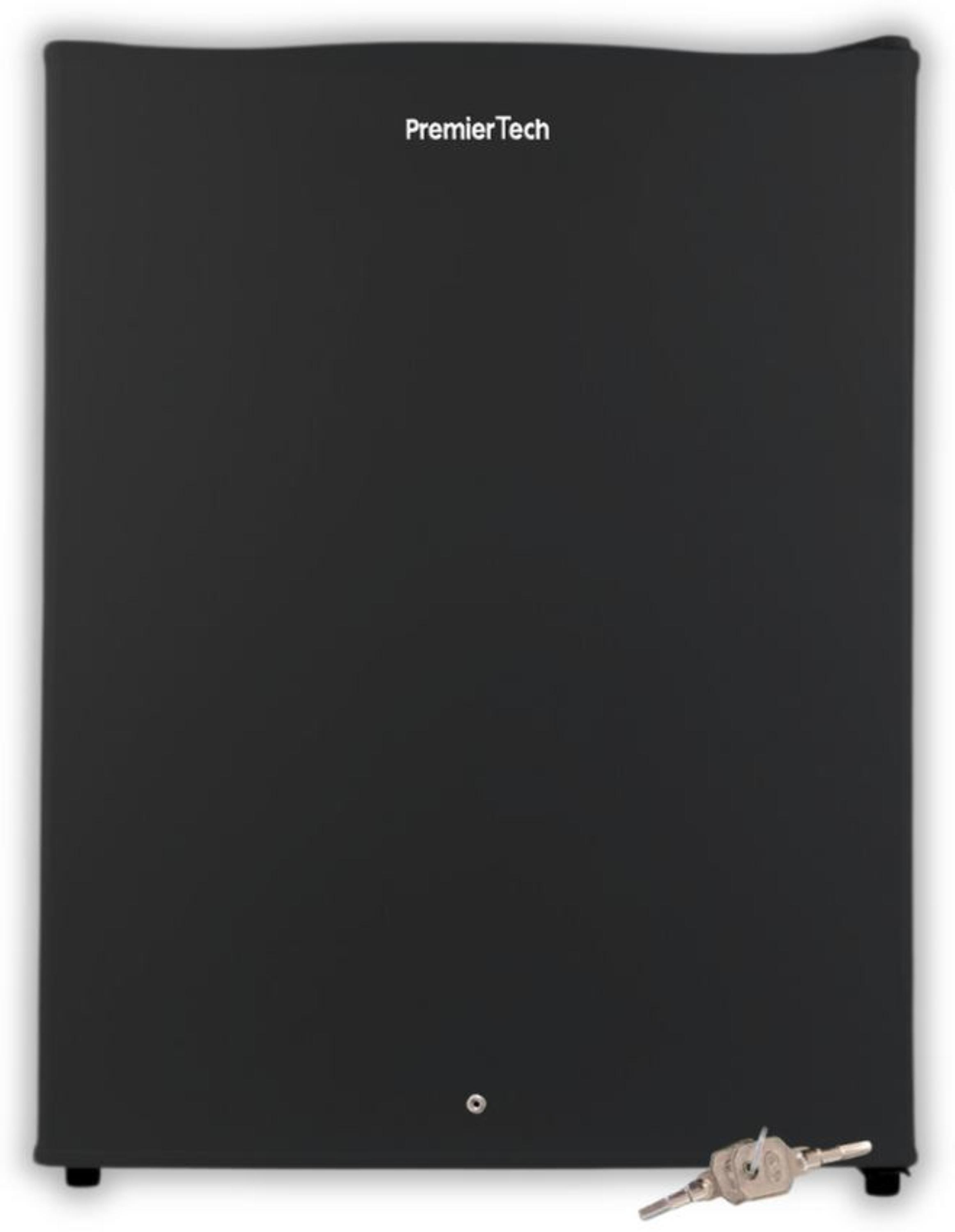 Mini frigo nero con serratura e chiavi in basso. Il logo PremierTech è sulla porta.