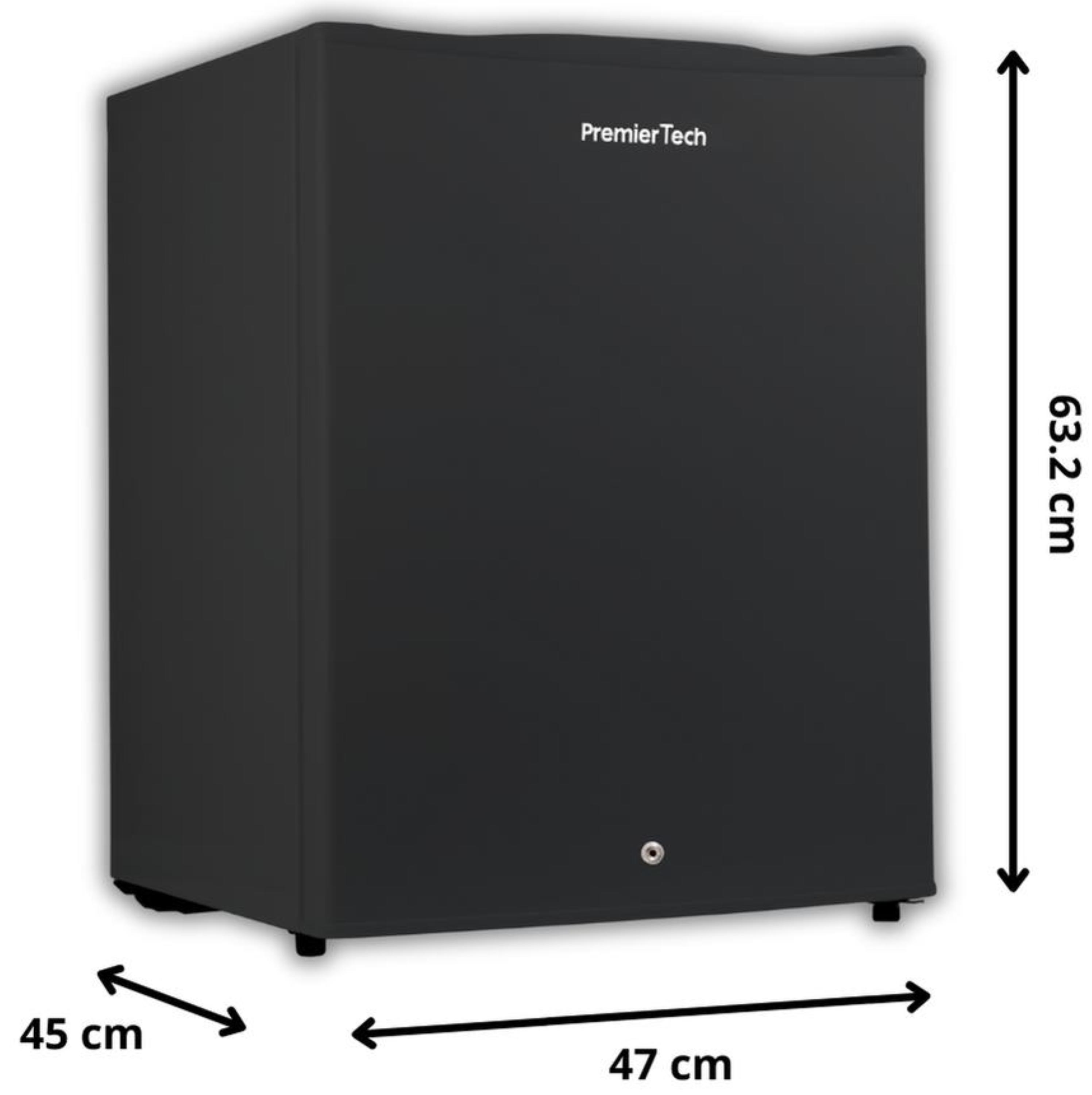 Un frigorifero Premier Tech nero, dimensioni indicate: 45cm x 47cm x 63,2cm.