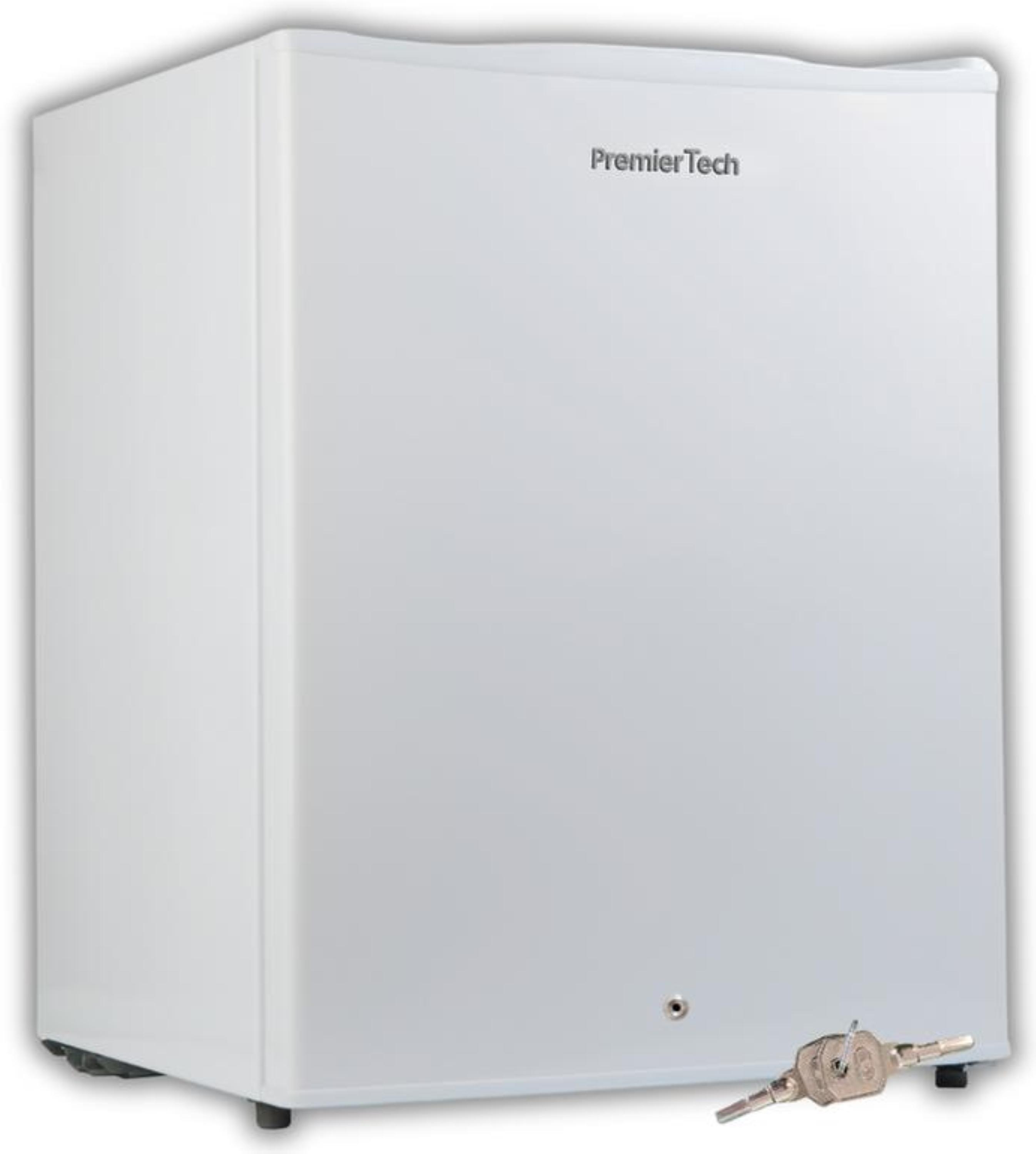 Mini-frigo bianco con logo PremierTech. Tubo metallico in basso a destra. Sfondo bianco.