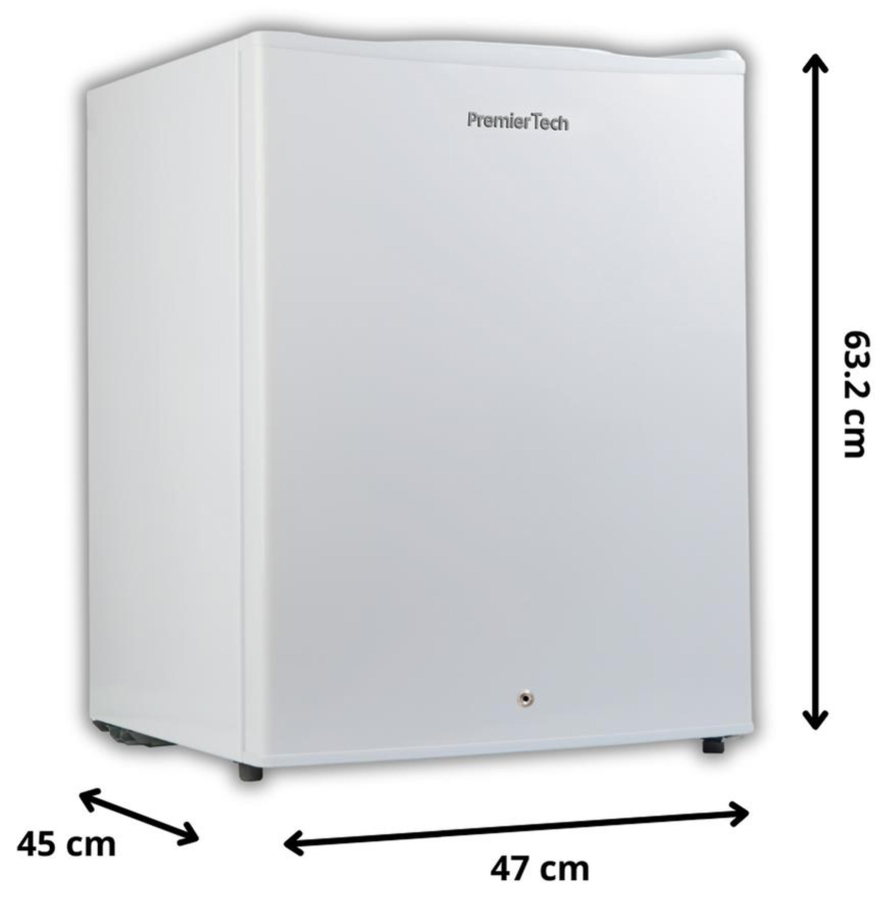 Frigorifero bianco con dimensioni etichettate su sfondo bianco.