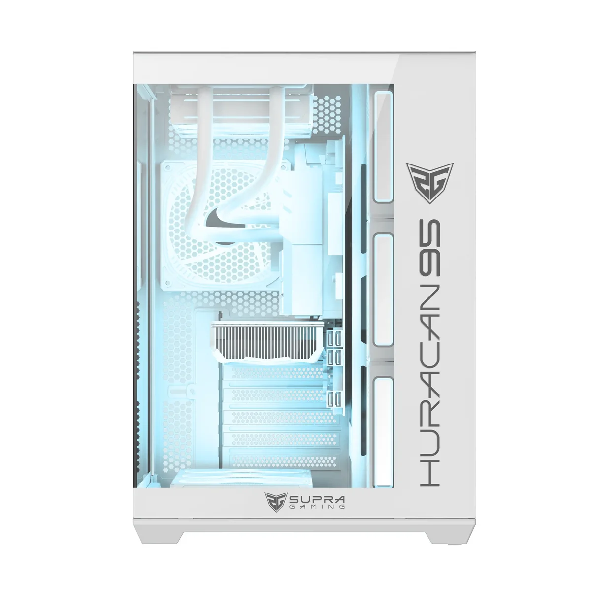 Caja de computadora blanca con componentes internos visibles. La caja tiene un panel lateral transparente con luces blancas.