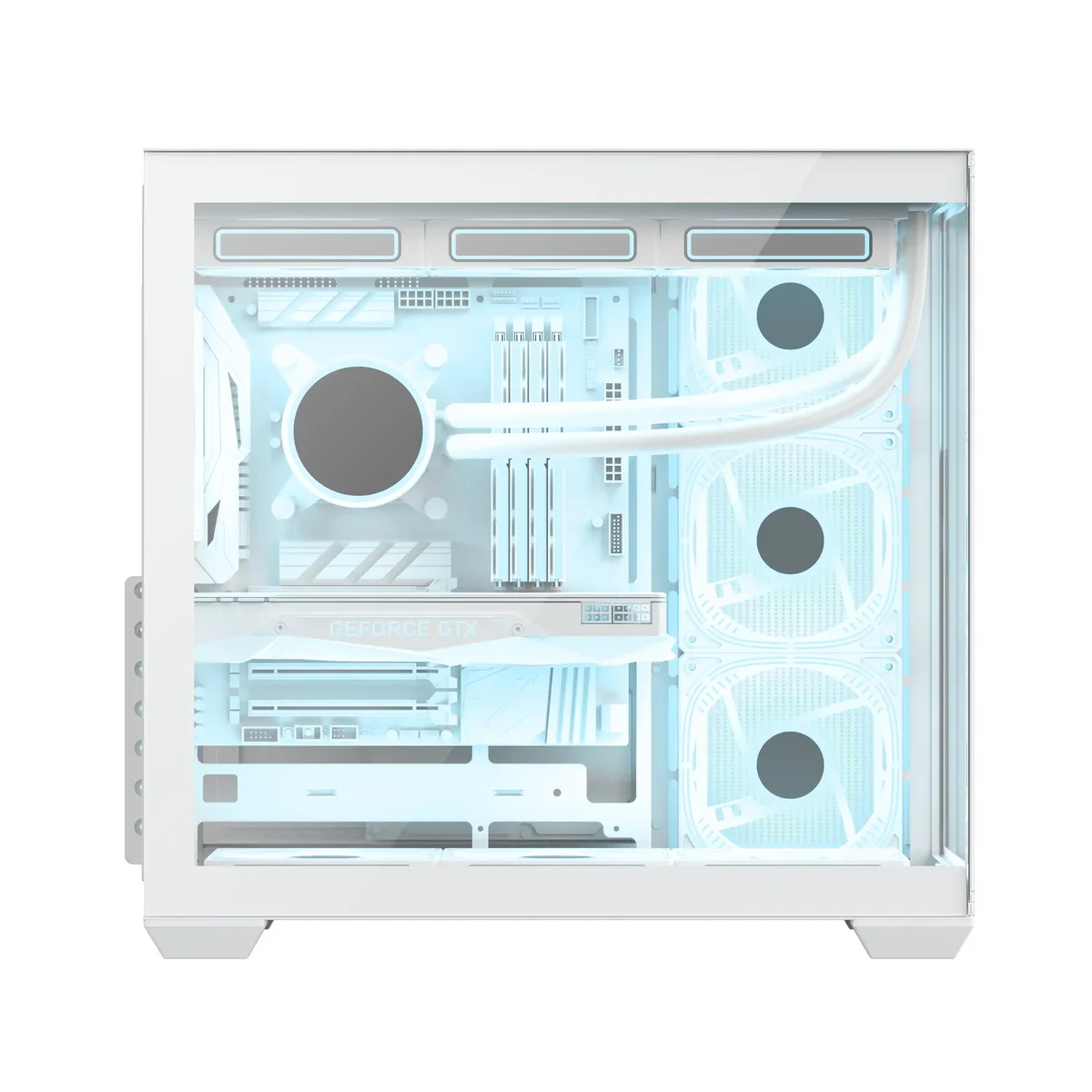 Una carcasa de computadora blanca con componentes internos iluminados en azul.