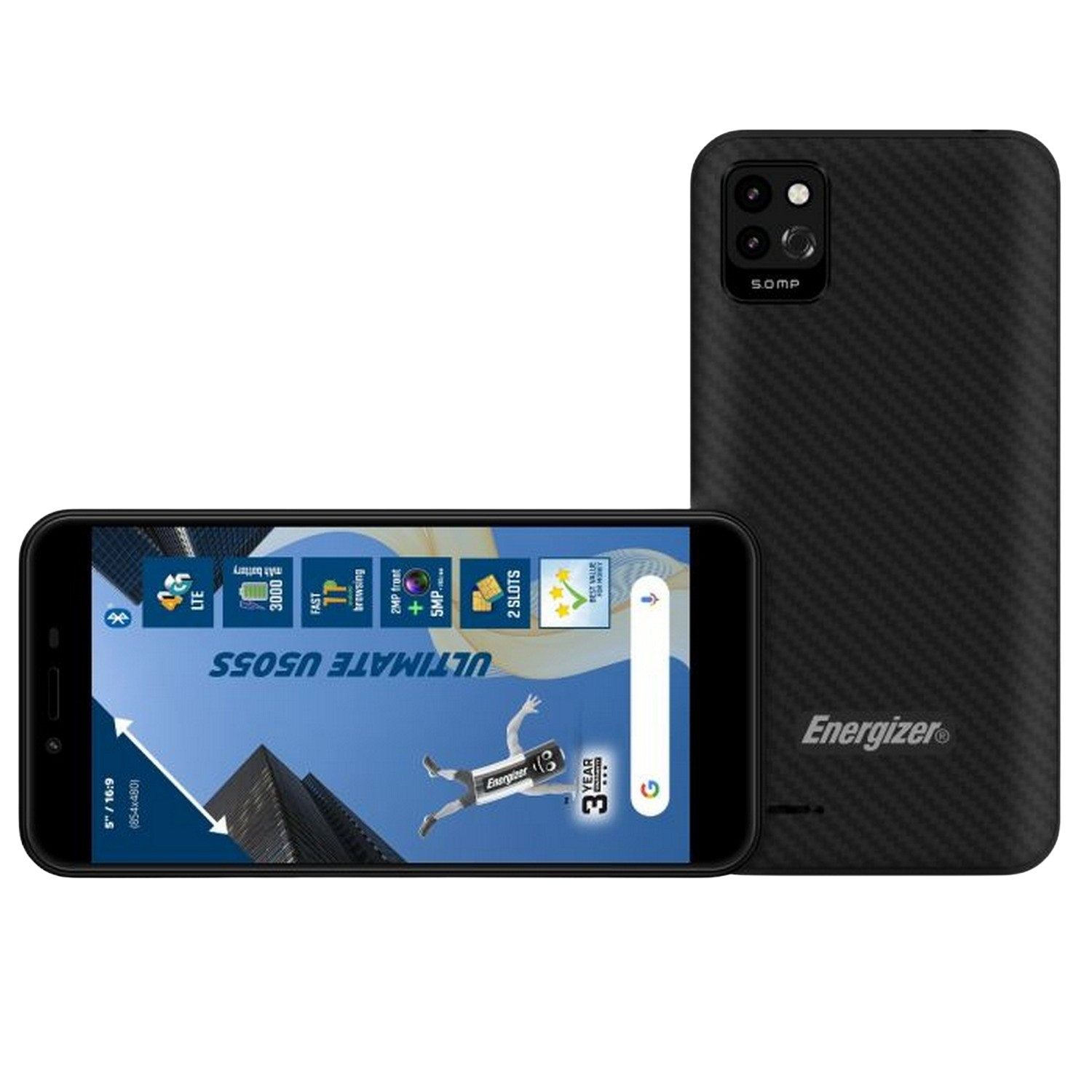 Un smartphone Energizer negro con una pantalla que muestra una aplicación.