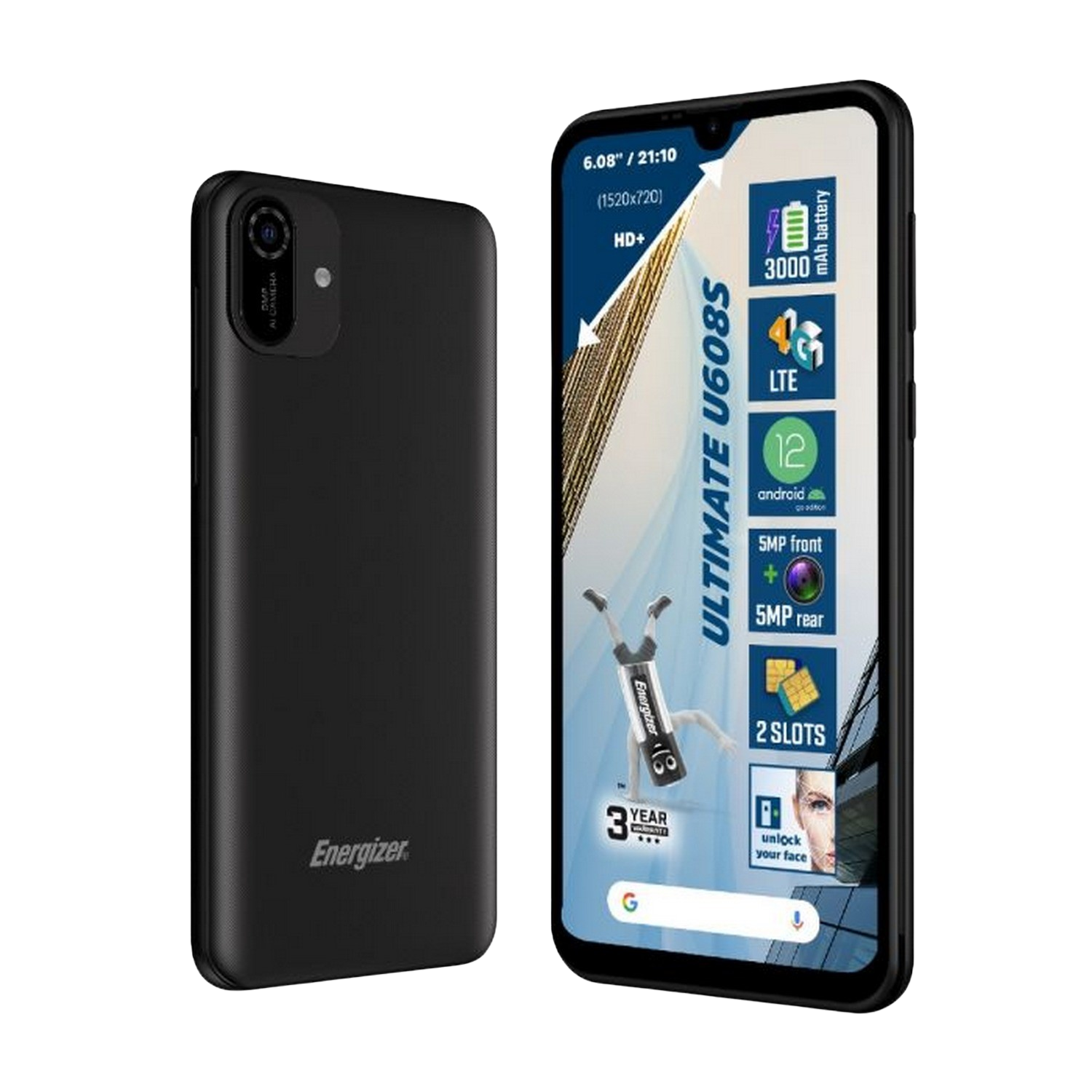 Teléfono Energizer negro con dos pantallas que muestran funciones como batería de 3000 mAh.