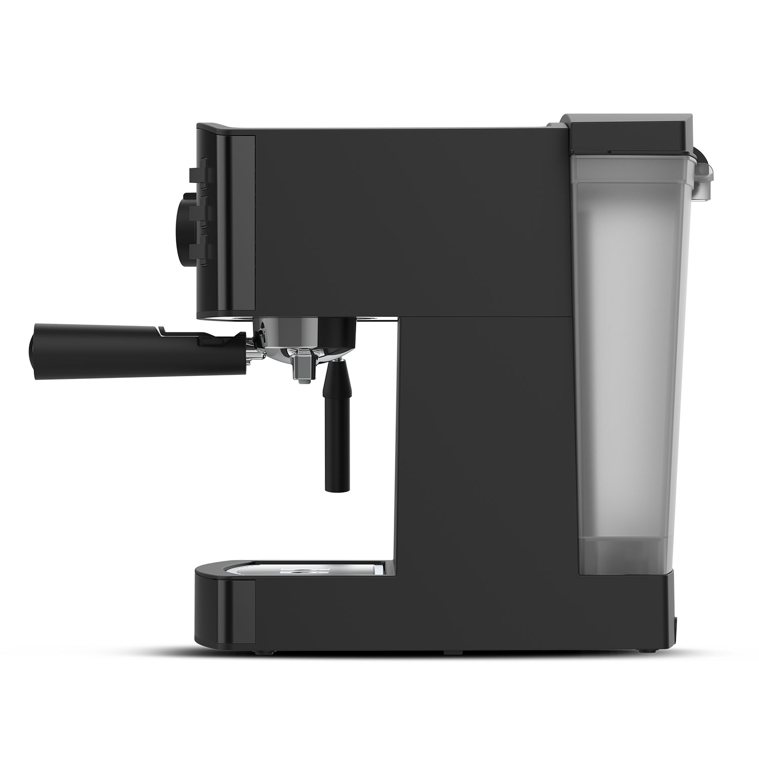 Una macchina per l'espresso nera, vista laterale. Ha un portafiltro, un serbatoio dell'acqua e componenti di erogazione.