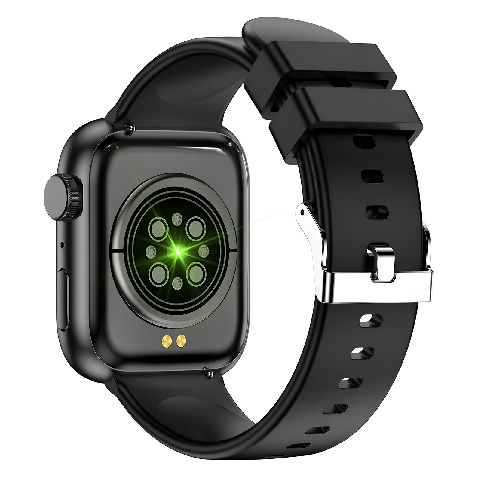Czarny smartwatch. Tył pokazuje zielone czujniki światła. Czarny pasek ze srebrną klamrą.
