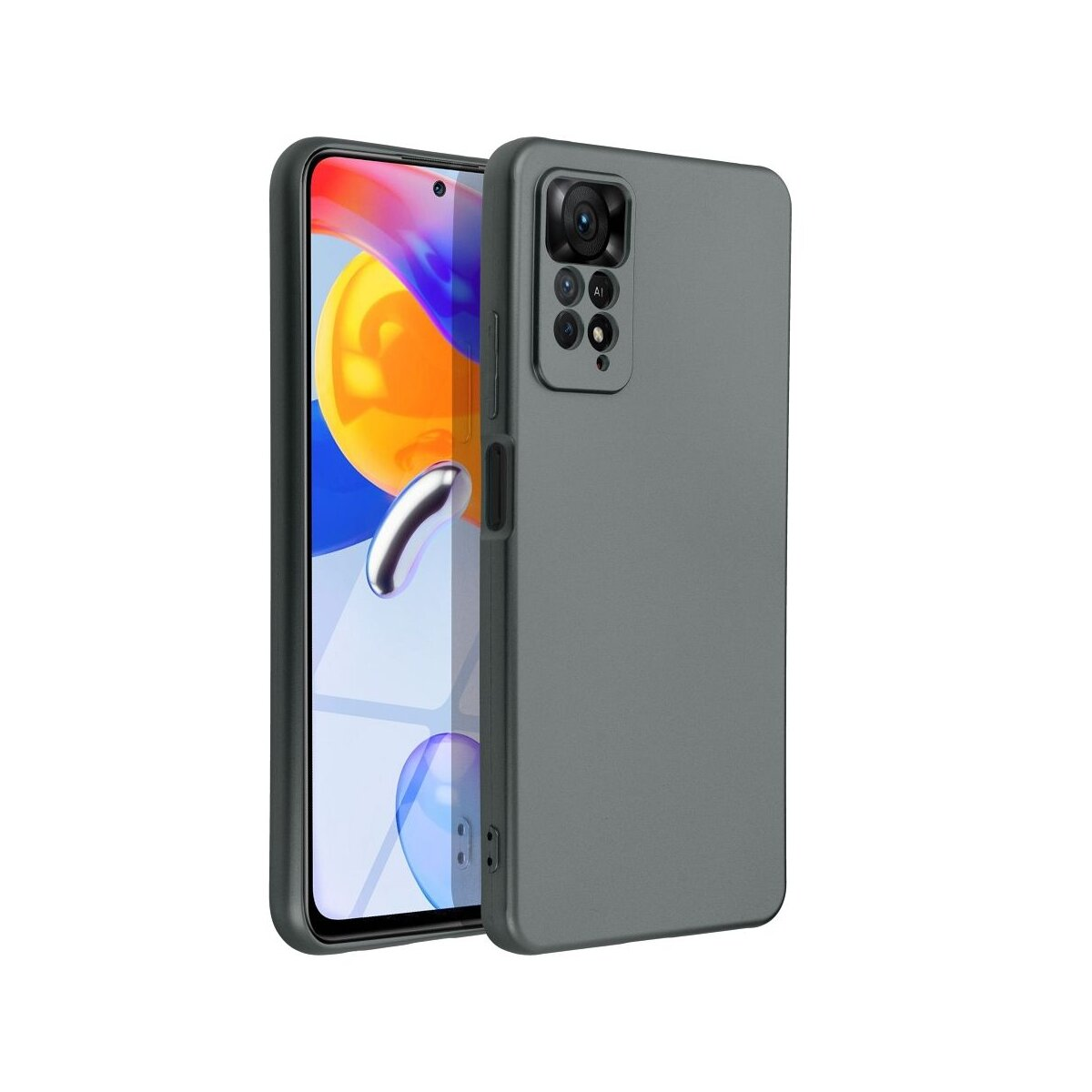 Una custodia grigia per telefono, con un telefono dentro. Le lenti della fotocamera sono visibili.