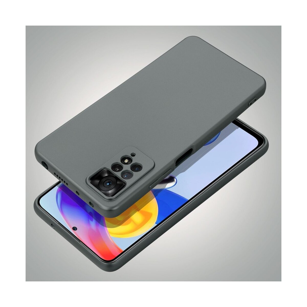 Una custodia grigia per telefono sopra un telefono, con la fotocamera e lo schermo visibili.