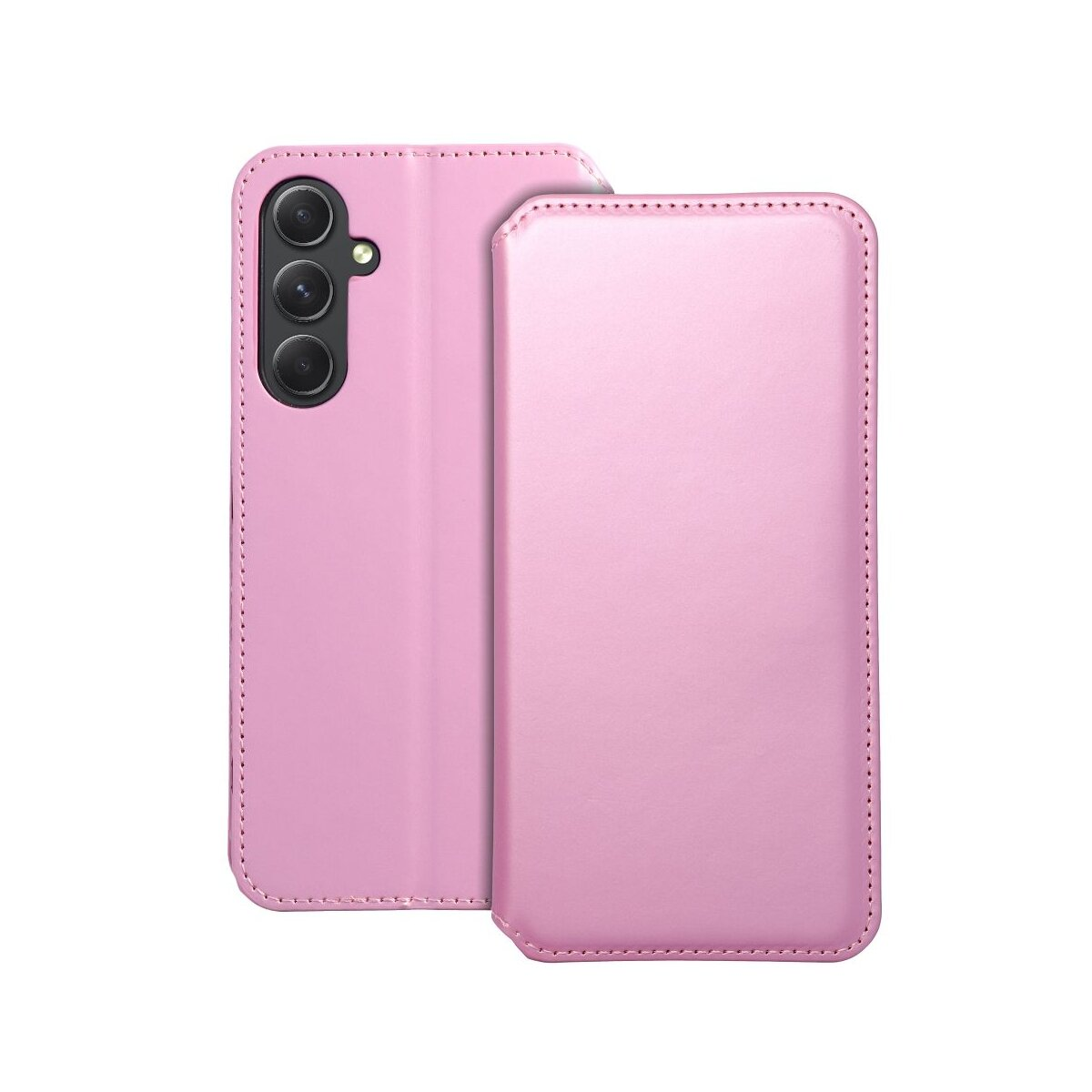 Una custodia per telefono rosa, aperta e chiusa, con un rilievo per la fotocamera. La custodia è rosa e ha cuciture.
