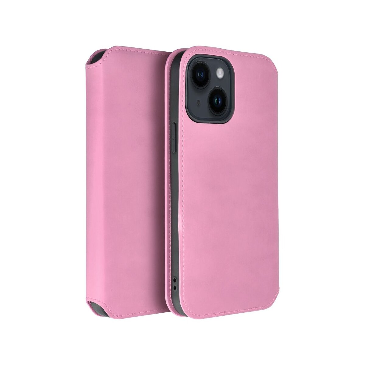 Custodia rosa per telefono, chiusa e aperta. Ha un ritaglio per la fotocamera e un design elegante.