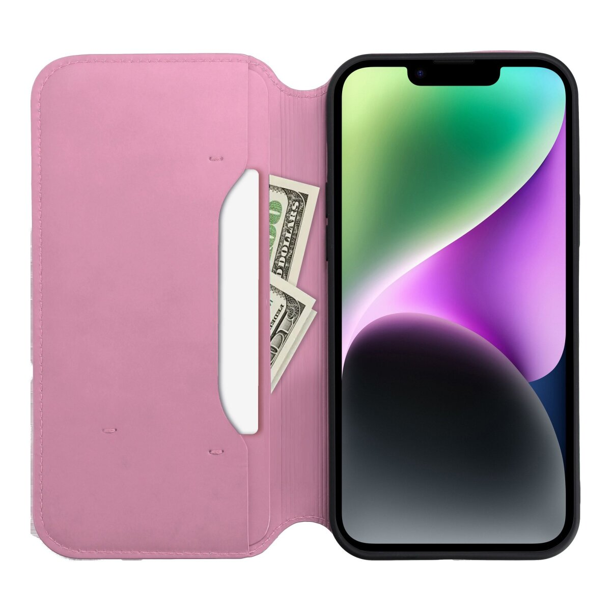 Custodia rosa aperta, con due banconote da $100. Telefono con schermo colorato a destra. Sfondo bianco.