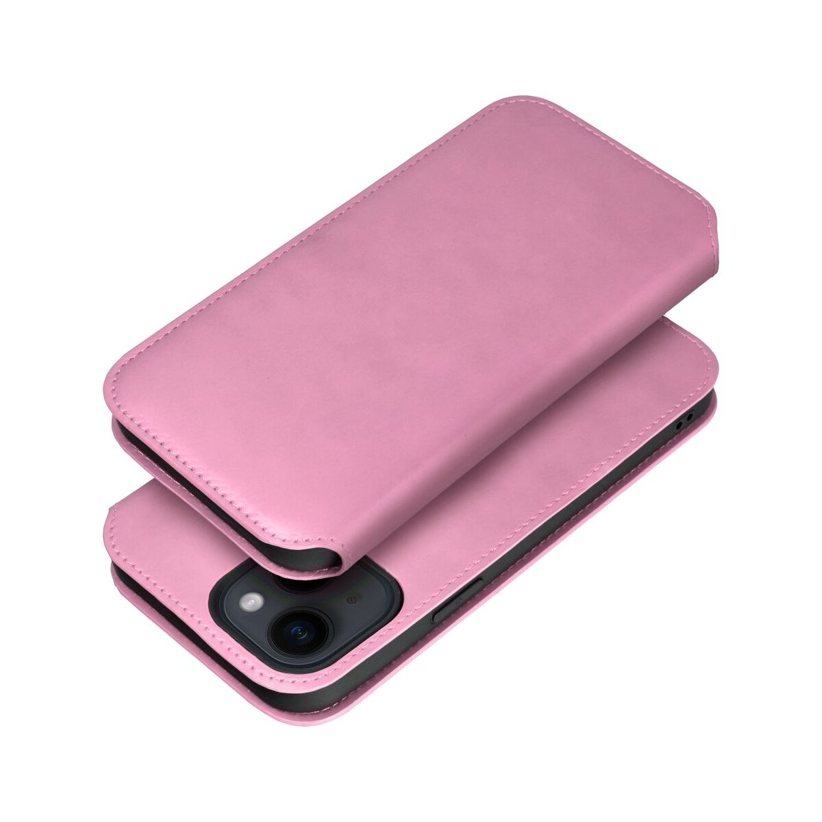 Custodia rosa per telefono aperta, che mostra interno ed esterno, su sfondo bianco.