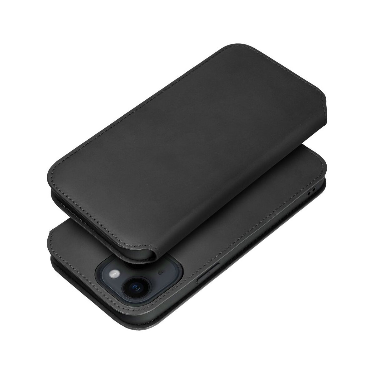 Geschlossene schwarze Handyhülle mit einem Telefon. Die Kamera ist auf der unteren Hülle sichtbar.