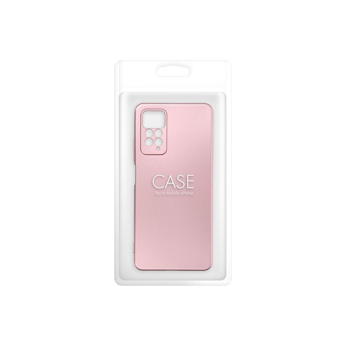 Una custodia rosa per telefono in una confezione di plastica trasparente.