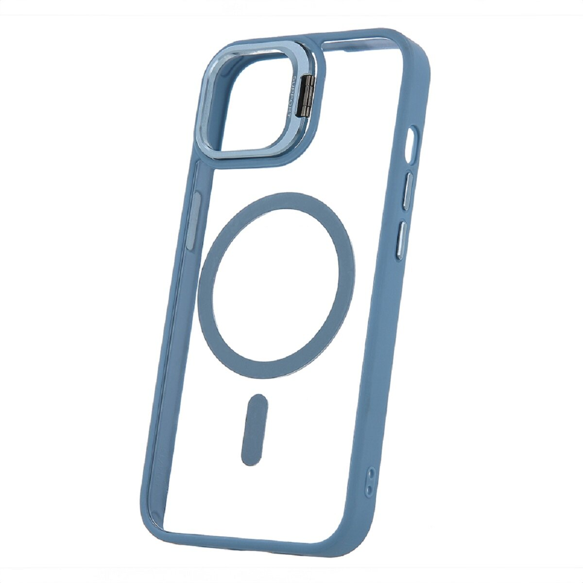 Custodia per telefono blu con centro trasparente e cerchio magnetico. Lo sfondo è bianco.