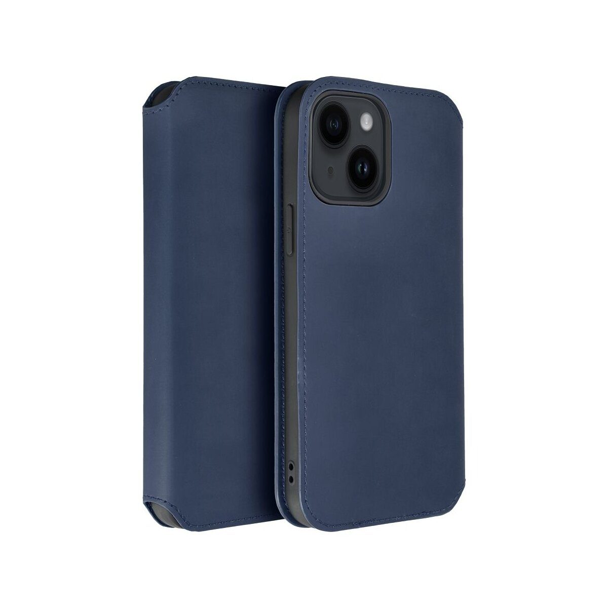Una custodia per telefono blu navy è aperta, rivelando un telefono. La custodia è chiusa sul lato sinistro.