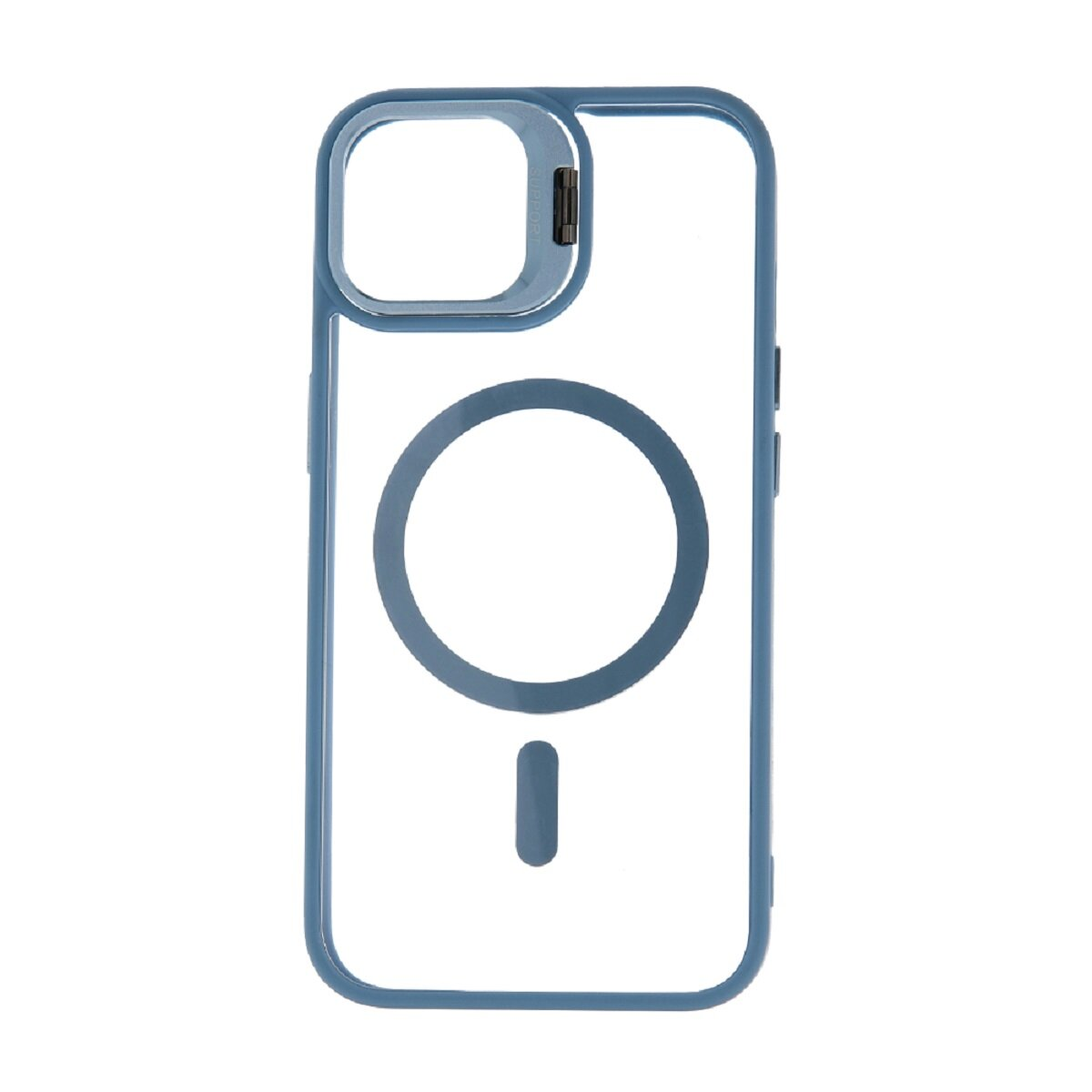 Custodia trasparente per telefono con cornice blu. Area magnetica circolare visibile.