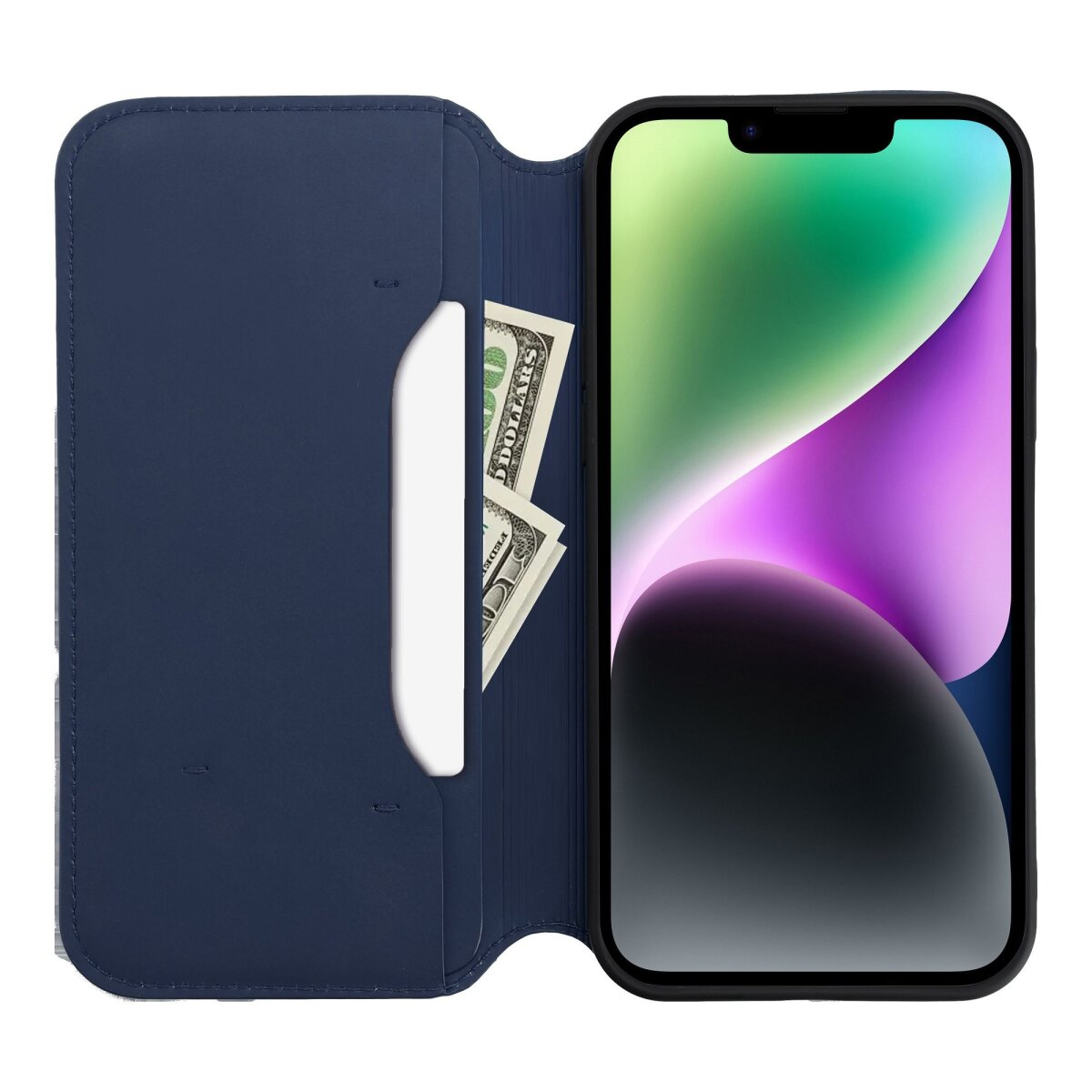 Custodia blu per telefono con telefono e denaro all'interno su sfondo bianco.