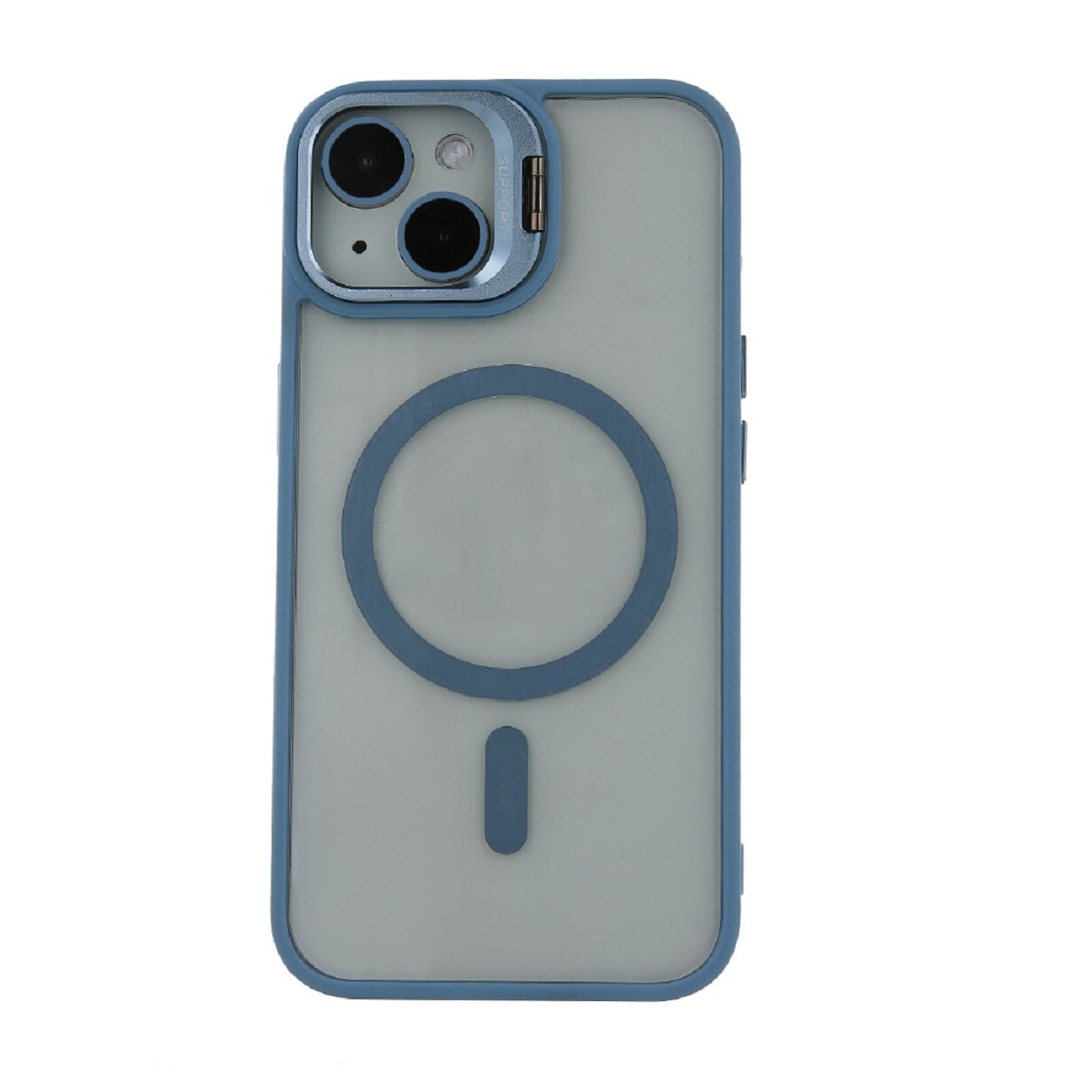 Una custodia per telefono blu e trasparente. Ha un cerchio magnetico e una barra verticale.
