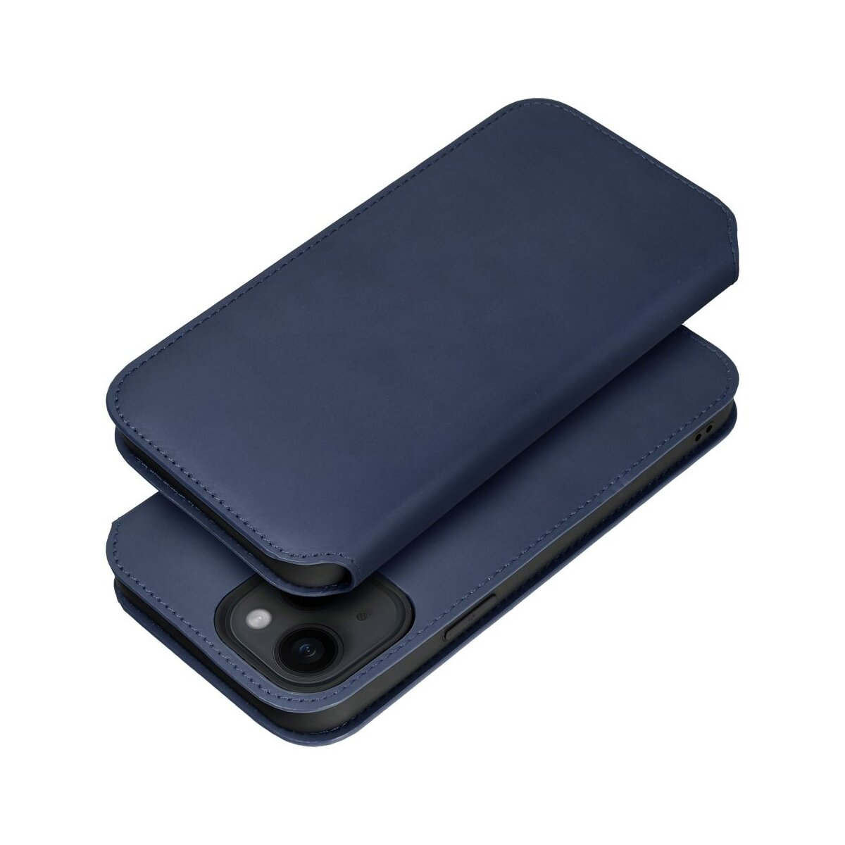Una custodia blu navy chiusa sul telefono. L'area della fotocamera è visibile.