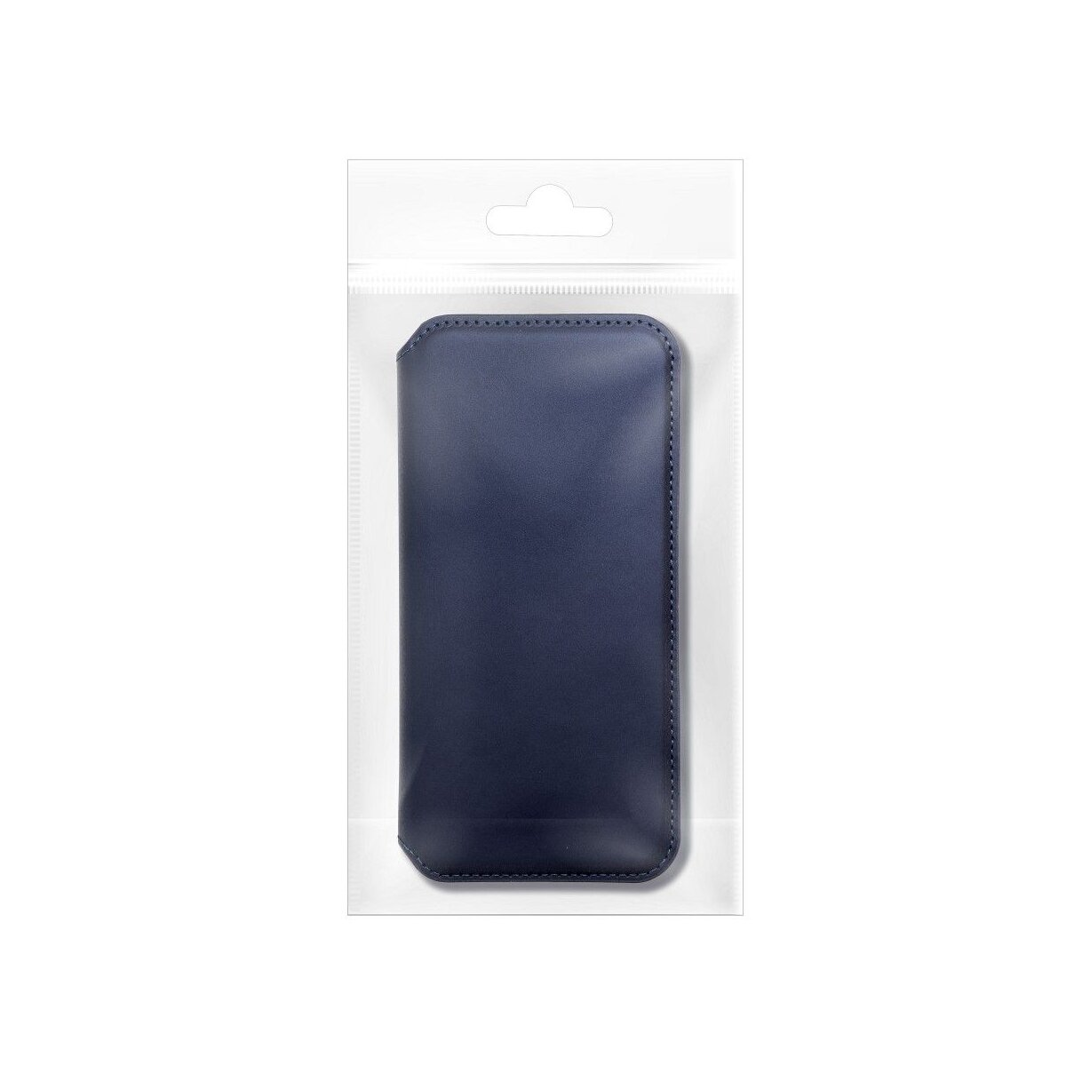 Una custodia per telefono in pelle blu in un sacchetto di plastica trasparente.