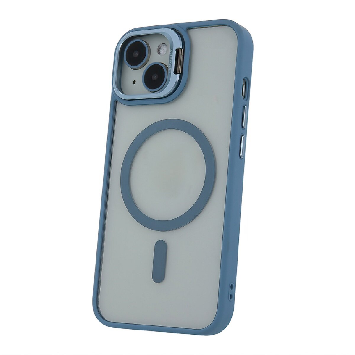 Custodia per telefono blu e trasparente. Ha una cornice blu, un anello e un ovale sul retro.