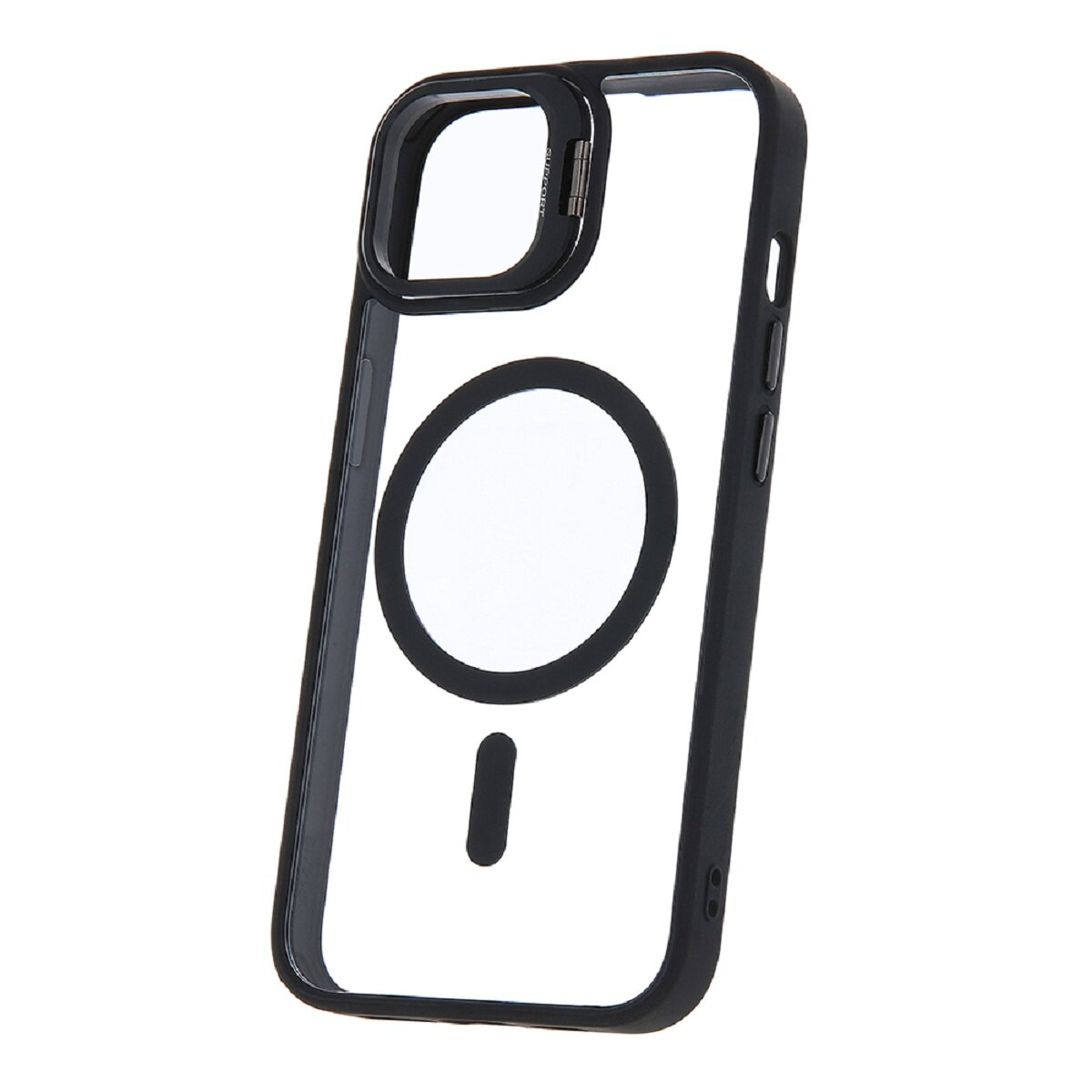 Una custodia nera per telefono con retro trasparente. Ha un anello nero e un cerchio bianco per la ricarica wireless.