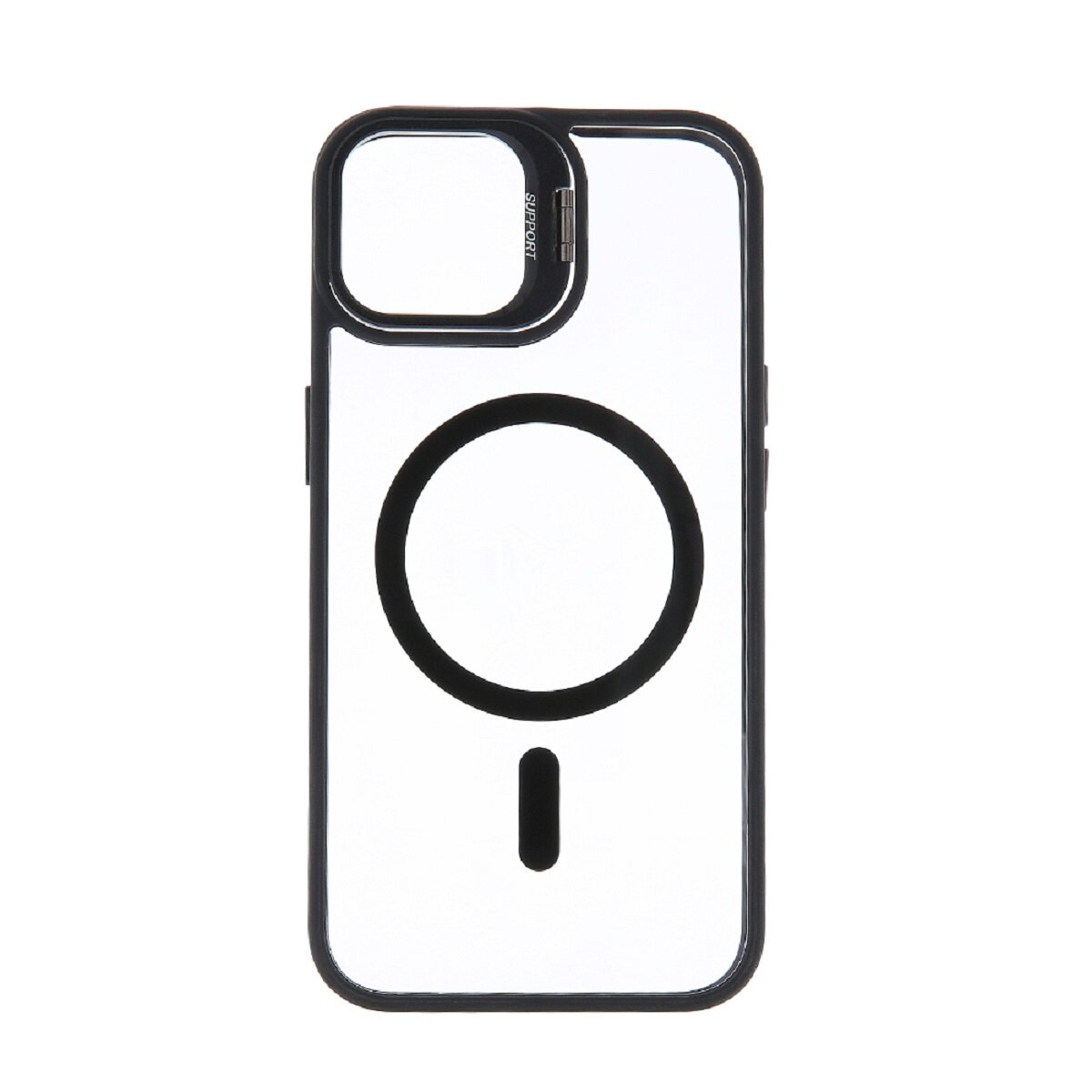 Una custodia trasparente per telefono con cornice nera. Ha un magnete circolare e un ritaglio per la fotocamera del telefono.