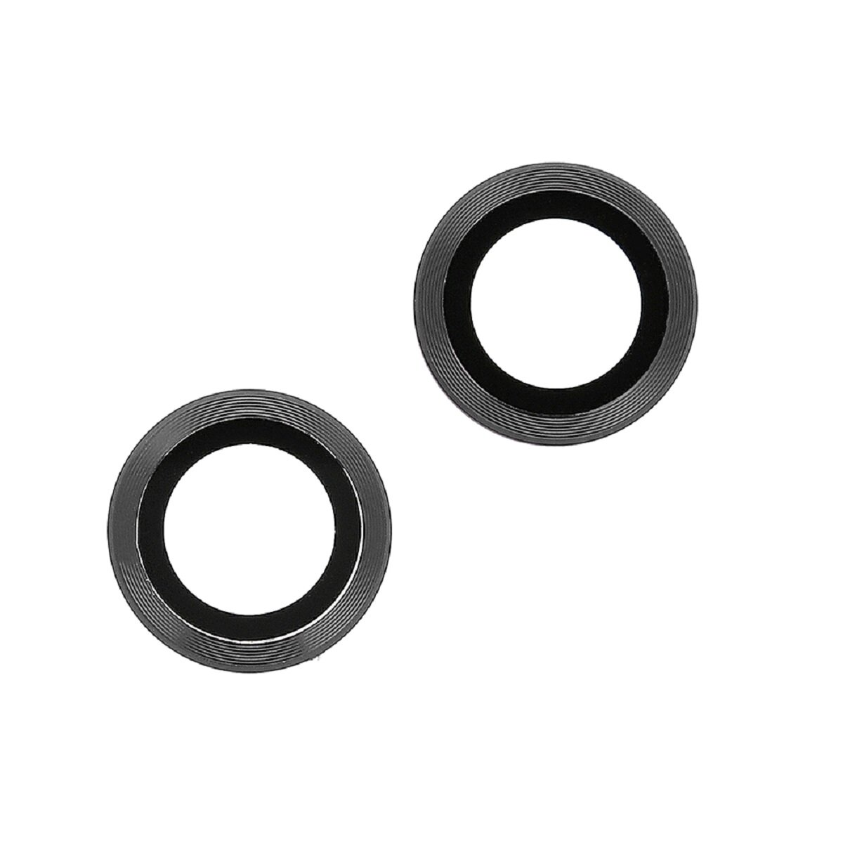 Due protezioni per lenti della fotocamera nere su sfondo bianco. Hanno un design circolare.