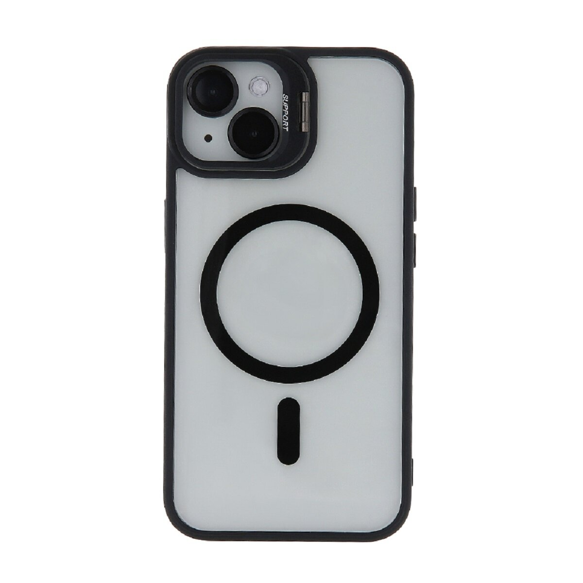 Custodia per iPhone con cornice nera e cerchio nero per ricarica wireless. Sfondo bianco.